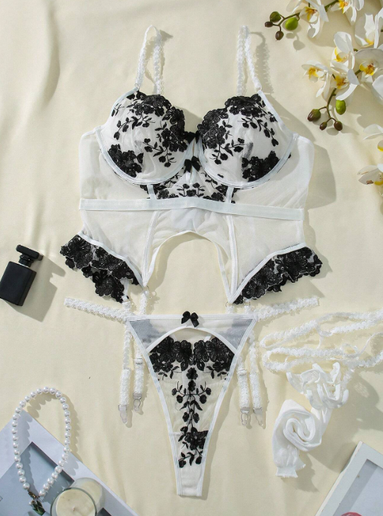 Sexy Floral Embroidery Mesh Lingerie For Women Plus Size