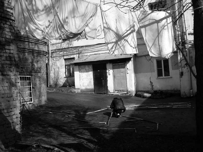 «Первая выставка в Подколокольном переулке», куратор Дима Филиппов. Вид экспозиции 1 мая 2015, сверху вниз: Вика Малкова и Полина Москвина «Выжимаем и вешаем»; Алексей Булдаков «Без названия», инсталляция из борщевика. Фото Натальи Смолянской