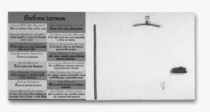 Илья Кабаков «Ответы экспериментальной группы», 1971. Объекты (плечики, гвоздь), мазонит, масло, эмаль. Частное собрание. Предоставлено Ильей и Эмилией Кабаковыми