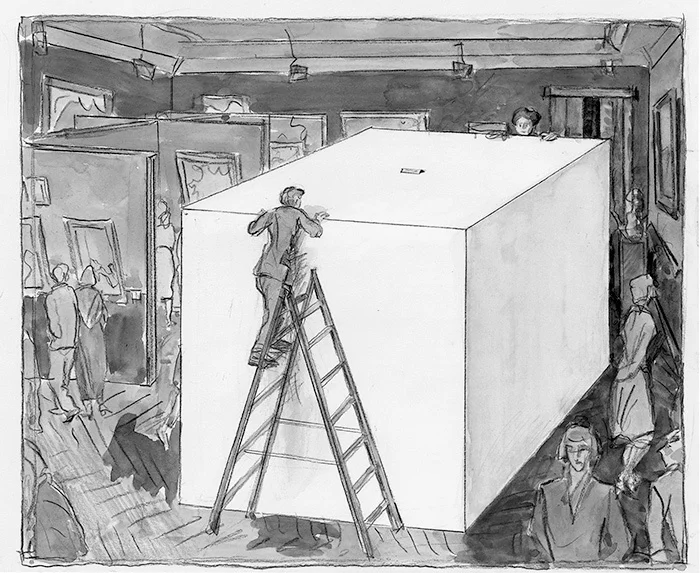 Илья Кабаков «Белый куб», 1993. Зарисовка идеи, 1995. Акварель, цветной и графитовый карандаши. Предоставлено Ильей и Эмилией Кабаковыми.