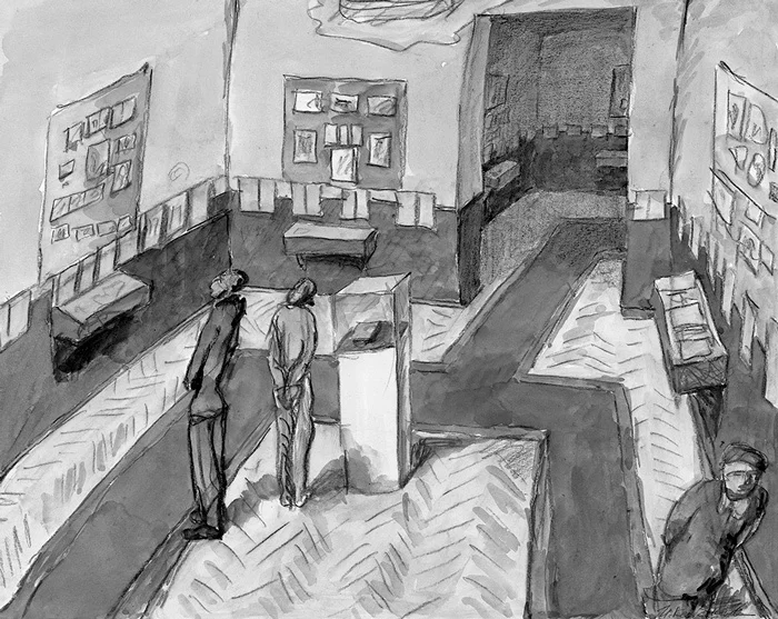 Илья Кабаков «Выставка книги», 1995. Зарисовка идеи. Бумага, акварель, цветной карандаш, графитовый карандаш, шариковая ручка. Предоставлено Ильей и Эмилией Кабаковыми