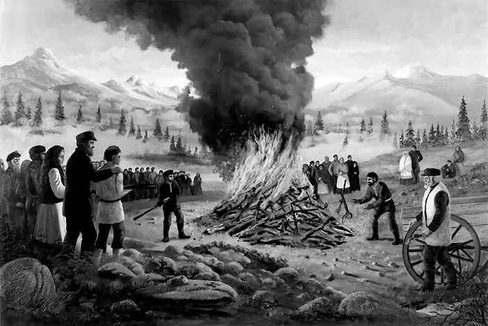 Терри Маклин «Сожжение оружия в 1895», 1977. © Ларри А. Ивашен, Центр открытия духоборов, Каслгар, Британская Колумбия, Канада. Предоставлено автором