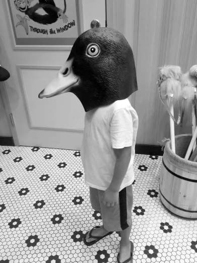 Ребёнок homo sapiens в праздничной маске утки, Ла-Холья, Калифорния, 2017. Фото: Б. Браттон. Предоставлено автором