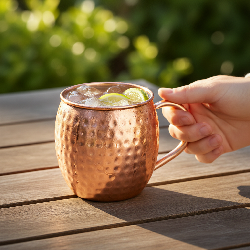A photorealistic shot of the product in the provided reference image. A highly polished, bright copper mug with a bulbous, barrel-shaped body that tapers slightly towards a rolled rim and flat base. The entire exterior and interior surfaces feature a distinct hammered texture with irregular dimples, creating a reflective, light-catching finish. A C-shaped handle, round in cross-section, is seamlessly attached to the mug body. filled with a vibrant Moscow Mule cocktail, condensation running down the sides, ice cubes visible, a hand reaching to pick it up, on a sun-drenched patio table, lush green background, golden hour lighting.