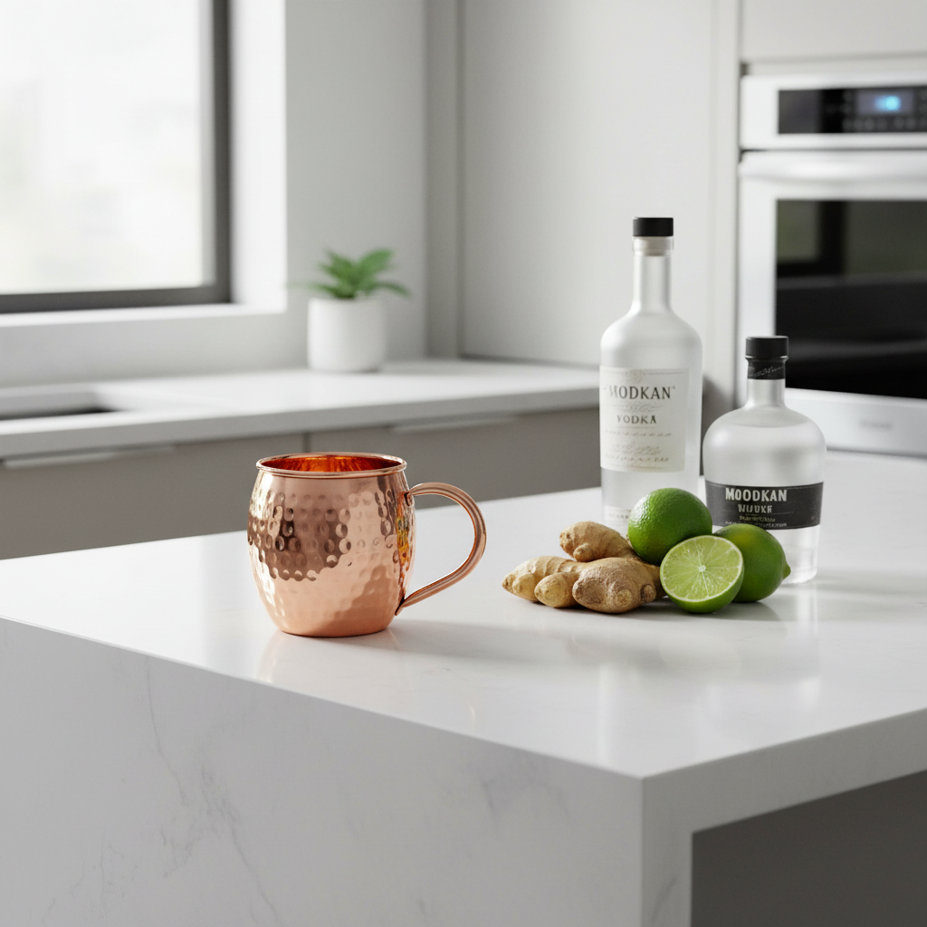 A photorealistic shot of the product in the provided reference image. A highly polished, bright copper mug with a bulbous, barrel-shaped body that tapers slightly towards a rolled rim and flat base. The entire exterior and interior surfaces feature a distinct hammered texture with irregular dimples, creating a reflective, light-catching finish. A C-shaped handle, round in cross-section, is seamlessly attached to the mug body. showcased on a modern minimalist white kitchen island, next to fresh ingredients like ginger, lime, and vodka bottles, elegant and clean presentation, soft natural light.