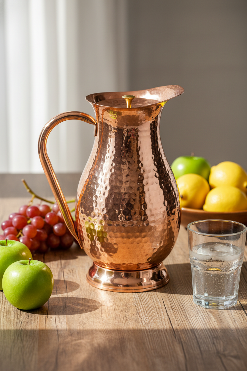 A photorealistic shot of the product in the provided reference image. a hand-hammered copper item, featuring a lustrous, warm coppery-orange hue with no visible patina. The surface exhibits a distinctive, irregular hammered texture with slightly overlapping dimples of varying sizes. This item is an elegant pitcher with an inverted teardrop shape, widening towards a decorative, stepped circular base and tapering upwards to a distinct, slightly flared pouring spout. It features a gracefully curved C-shaped handle and a domed, hammered lid with a small, golden-hued, cylindrical knob. Placed on a rustic wooden table amidst fresh fruit and a glass of water, bright natural light.