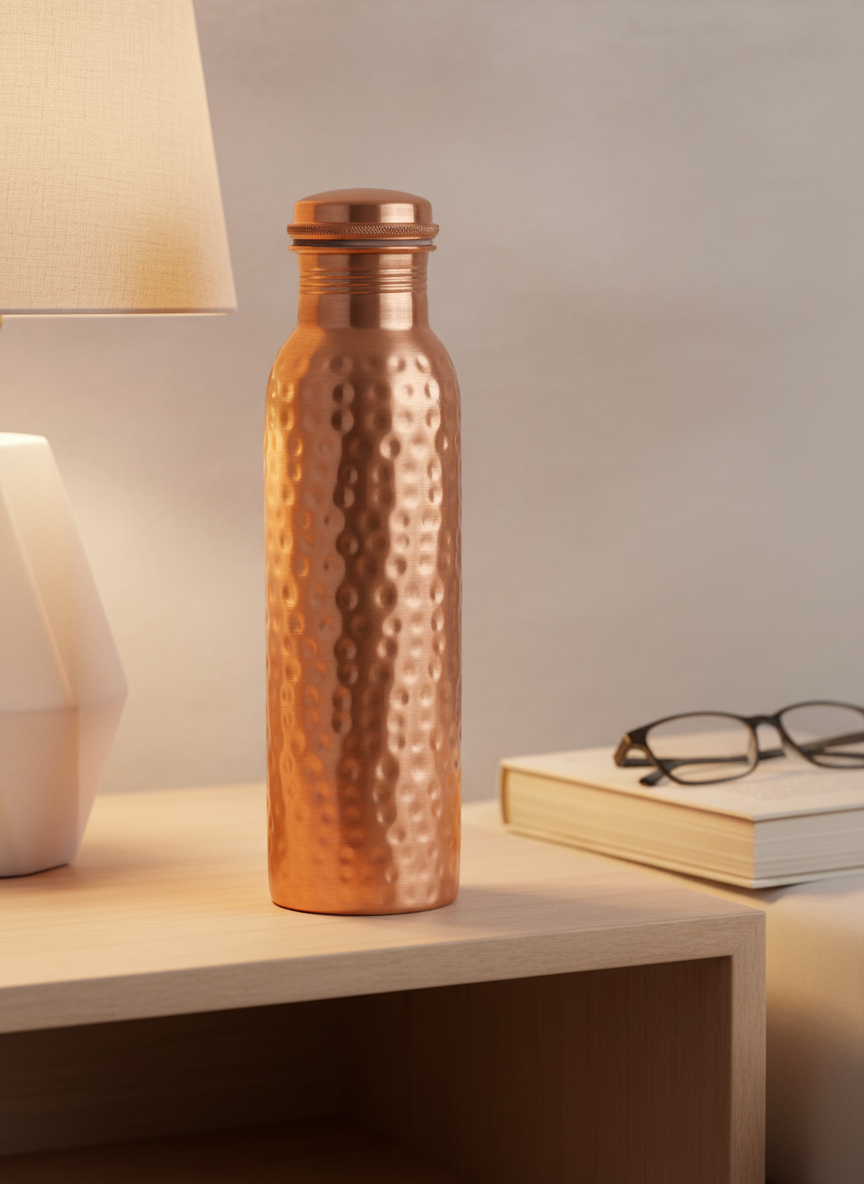 A photorealistic shot of the product in the provided reference image. a hand-hammered copper item, featuring a lustrous, warm coppery-orange hue with no visible patina. The surface exhibits a distinctive, irregular hammered texture with slightly overlapping dimples of varying sizes. This item is a straight-sided cylindrical water bottle, with a threaded neck and a matching hammered copper screw-top cap featuring a subtly ridged edge. It is pictured on a modern bedside table next to a book and a minimalist lamp, conveying tranquility and daily hydration.