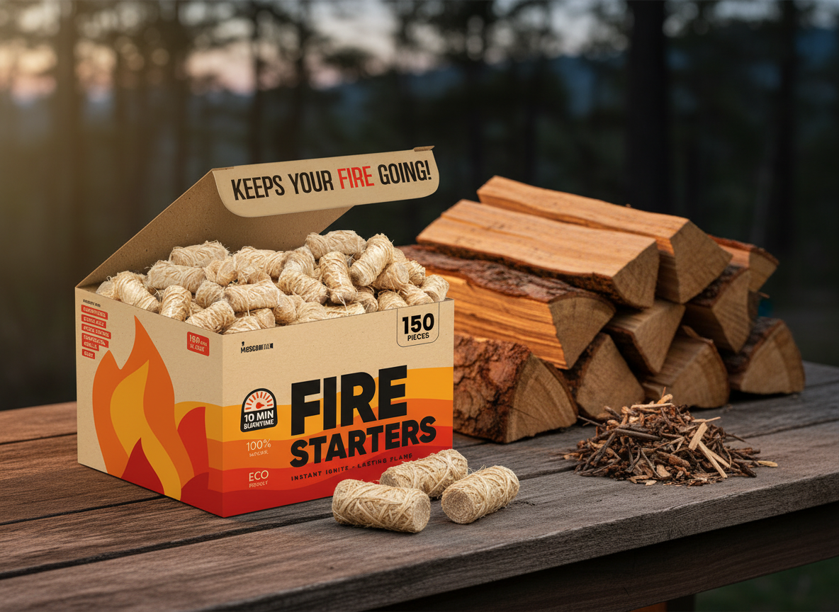 A photorealistic shot of the product in the provided reference image. The product consists of numerous natural wood wool fire starters, each individually formed into a compact, barrel-shaped cylinder, approximately 2-3 inches long and 1 inch in diameter. They are composed of tightly compressed, fine, light beige to blonde wood shavings, exhibiting a distinct rough, fibrous texture. The fire starters are packaged in an unbleached, matte brown cardboard box. The branding on the box front features a large, gradient orange to red flame graphic on the lower left. The brand name 'MOSCOW MIX®' appears with a stylized black flame-like 'M' logo, followed by 'MOSCOW MIX' in black sans-serif font. The main title 'FIRE STARTERS' is prominent: 'FIRE' in an orange-to-yellow gradient and 'STARTERS' in red, both with a thin black outline. Below 'FIRE STARTERS' is a red rectangular bar with 'INSTANT IGNITE + LASTING FLAME' in white sans-serif text. Key features are highlighted in black sans-serif text: '10 MIN BURNTIME' with a circular sun/fire icon, '100% NATURAL', and 'ECO FRIENDLY'. The quantity '150 PIECES' is at the top right, and '150 pcs XL SIZE' is on the left side. A red panel on the left lists 'PERFECT FOR:' (CAMPFIRES, FIREPLACE, PIZZA OVENS, CHARCOAL GRILLS, BBQ) in white sans-serif. The inside flap of the box prominently displays 'KEEPS YOUR FIRE GOING!' in a layered red, orange, and yellow gradient sans-serif font with white outlines. The full retail box, slightly open, is placed on a rustic wooden table next to a stack of firewood and kindling, bathed in warm, soft light, perfect for a cozy campfire setting. Ultra-detailed, sharp focus, natural environment.