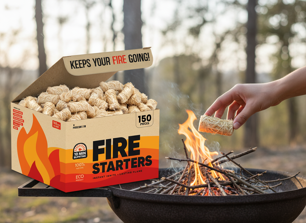 A photorealistic shot of the product in the provided reference image. The product consists of numerous natural wood wool fire starters, each individually formed into a compact, barrel-shaped cylinder, approximately 2-3 inches long and 1 inch in diameter. They are composed of tightly compressed, fine, light beige to blonde wood shavings, exhibiting a distinct rough, fibrous texture. The fire starters are packaged in an unbleached, matte brown cardboard box. The branding on the box front features a large, gradient orange to red flame graphic on the lower left. The brand name 'MOSCOW MIX®' appears with a stylized black flame-like 'M' logo, followed by 'MOSCOW MIX' in black sans-serif font. The main title 'FIRE STARTERS' is prominent: 'FIRE' in an orange-to-yellow gradient and 'STARTERS' in red, both with a thin black outline. Below 'FIRE STARTERS' is a red rectangular bar with 'INSTANT IGNITE + LASTING FLAME' in white sans-serif text. Key features are highlighted in black sans-serif text: '10 MIN BURNTIME' with a circular sun/fire icon, '100% NATURAL', and 'ECO FRIENDLY'. The quantity '150 PIECES' is at the top right, and '150 pcs XL SIZE' is on the left side. A red panel on the left lists 'PERFECT FOR:' (CAMPFIRES, FIREPLACE, PIZZA OVENS, CHARCOAL GRILLS, BBQ) in white sans-serif. The inside flap of the box prominently displays 'KEEPS YOUR FIRE GOING!' in a layered red, orange, and yellow gradient sans-serif font with white outlines. A single wood wool fire starter is being held by a hand over a small pile of kindling, ready to be lit, in a clear outdoor setting with subtle smoke rising and embers glowing. Macro shot, exquisite detail, natural light, shallow depth of field.
