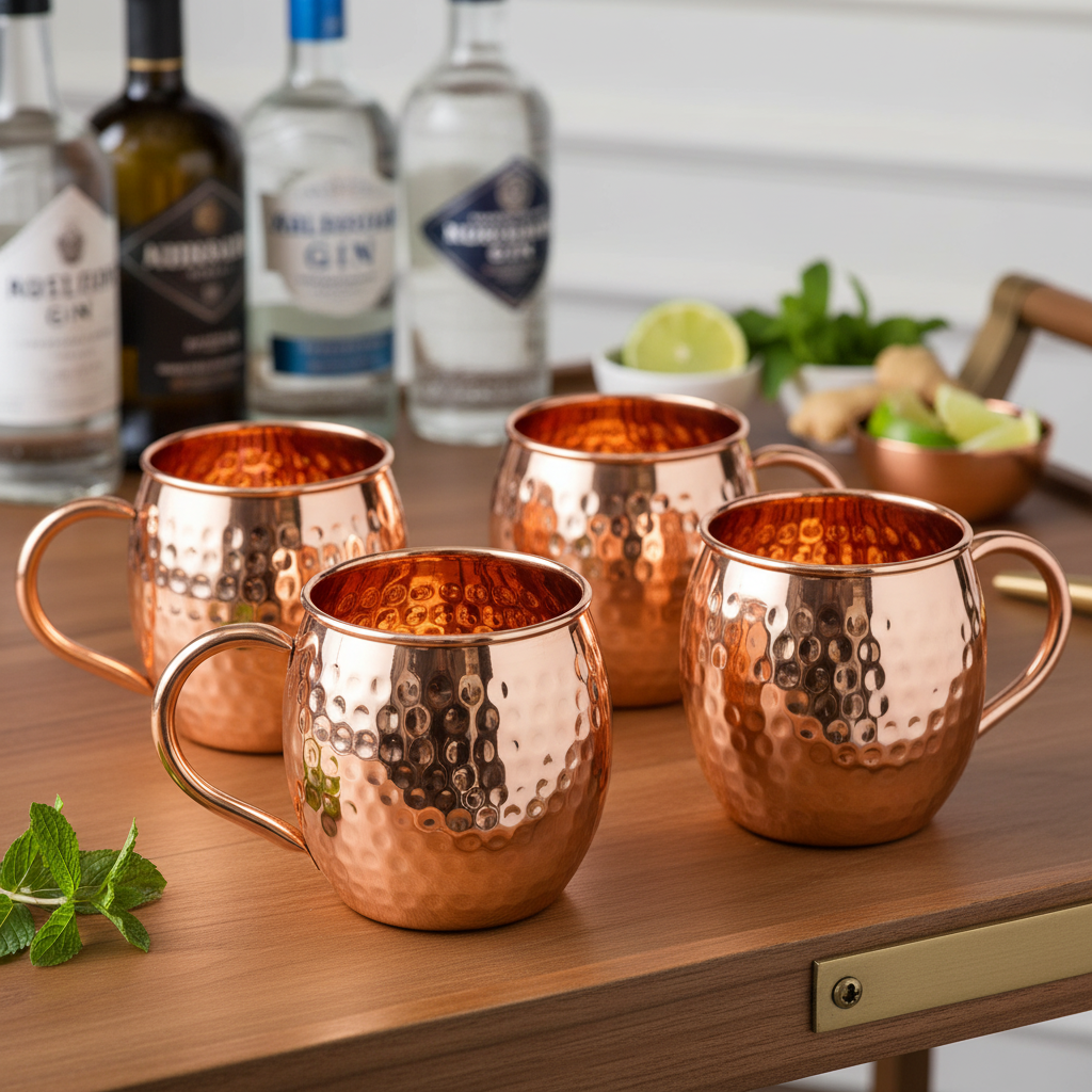 A photorealistic shot of the product in the provided reference image. A pure, unlacquered copper mug with a classic Moscow Mule shape, featuring a bulbous, barrel-like body wider in the middle and tapering slightly towards the top and bottom. The rim is circular and smoothly finished. The C-shaped handle is thin and gracefully curved, securely attached with two small, smooth, polished copper rivets. The entire exterior and interior surfaces are meticulously hand-hammered with an irregular pattern of small to medium-sized dimples. The copper has a polished, vibrant rose-gold hue and a highly reflective, lustrous finish, showing no significant patina. No visible branding or logos. Maintain exact logo, packaging, and shape details from reference. A set of four copper mugs arranged elegantly on a wooden bar cart, ready for a gathering, with bottles of premium spirits and fresh garnishes in the blurred background. Soft, ambient lighting.