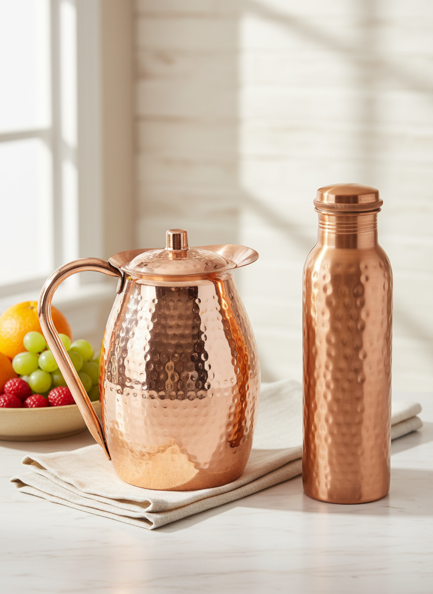 A photorealistic shot of the product in the provided reference image. A pure, unlacquered copper water pitcher and a copper water bottle, both exhibiting a polished, vibrant rose-gold hue and a highly reflective, lustrous finish. The pitcher has an elegant, tall, amphora-like shape with a pouring spout, a gracefully curved C-handle, and a domed lid with a rounded finial. The bottle is cylindrical with a slight taper and a threaded copper cap. The entire exterior surface of both items is uniformly hand-hammered with a consistent pattern of small to medium-sized dimples, showing no significant patina. No visible branding or logos. Maintain exact logo, packaging, and shape details from reference. The copper pitcher and bottle artfully displayed on a light-colored marble countertop next to a bowl of fresh fruit and a delicate linen napkin, emphasizing a sense of wellness and refreshing hydration. Natural daylight illuminates the scene.