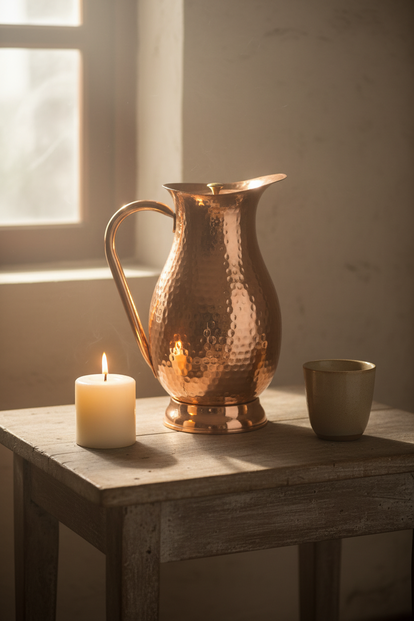 A photorealistic shot of the product in the provided reference image. A pure copper water pitcher featuring a gracefully curved, bulbous body, wider at the middle, tapering towards a subtly flared ring base and a narrower neck. The entire pitcher, including its sturdy, C-shaped copper handle, a pronounced wide pouring spout, and its domed lid with a slightly overhanging rim, is extensively hand-hammered with small, uniform, slightly irregular dimples, creating a lustrous, bright coppery-orange, highly polished finish. The lid is topped with a small, smooth, polished brass-colored finial. No visible branding or logos. Maintain exact logo, packaging, and shape details from reference. The copper pitcher placed on a rustic wooden bedside table, next to a lit candle and a simple ceramic cup, early morning light filtering through a window, evoking an ancient Ayurvedic ritual, soft focus, serene atmosphere, 8k.