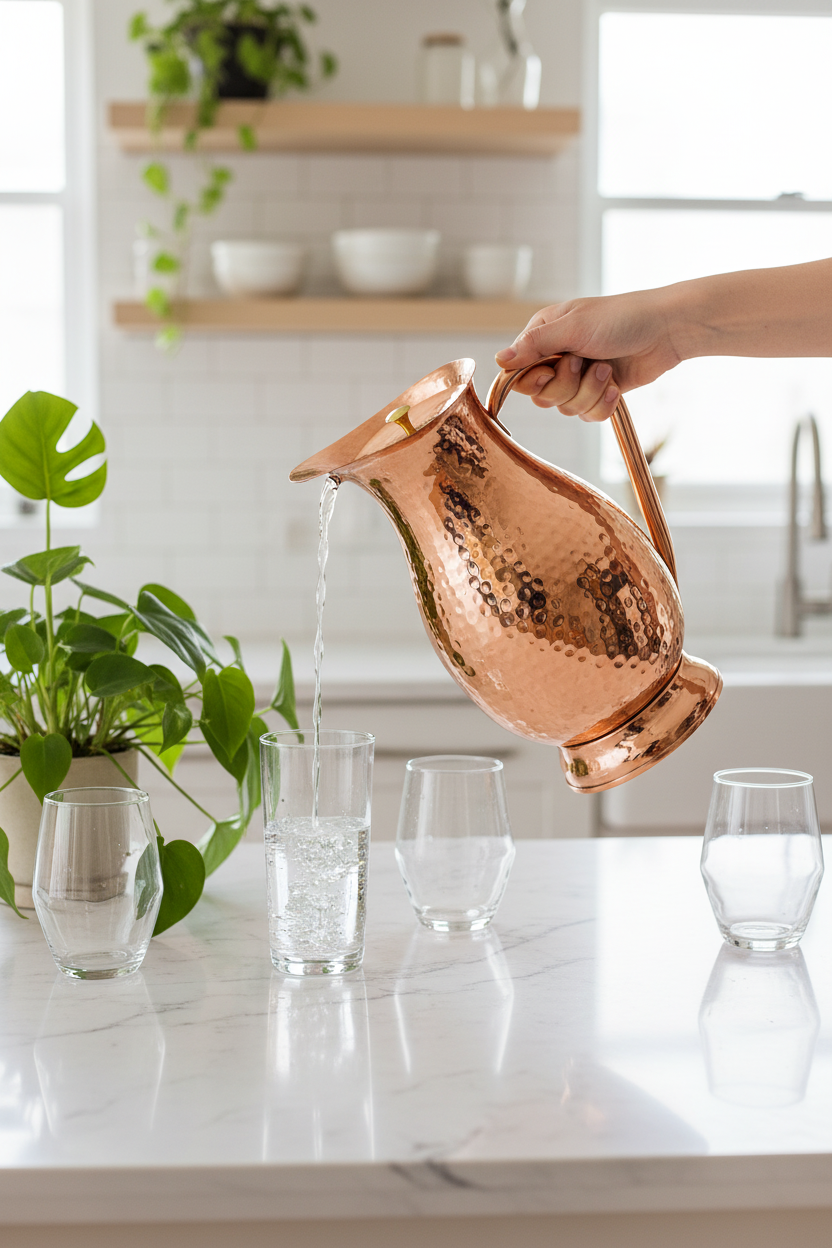 A photorealistic shot of the product in the provided reference image. A pure copper water pitcher featuring a gracefully curved, bulbous body, wider at the middle, tapering towards a subtly flared ring base and a narrower neck. The entire pitcher, including its sturdy, C-shaped copper handle, a pronounced wide pouring spout, and its domed lid with a slightly overhanging rim, is extensively hand-hammered with small, uniform, slightly irregular dimples, creating a lustrous, bright coppery-orange, highly polished finish. The lid is topped with a small, smooth, polished brass-colored finial. No visible branding or logos. Maintain exact logo, packaging, and shape details from reference. The copper pitcher prominently displayed on a sleek, minimalist kitchen island, surrounded by vibrant green plants and modern glassware, with water being poured into a tall glass, showcasing its elegant design in a contemporary wellness setting, bright, clean aesthetic, 8k.