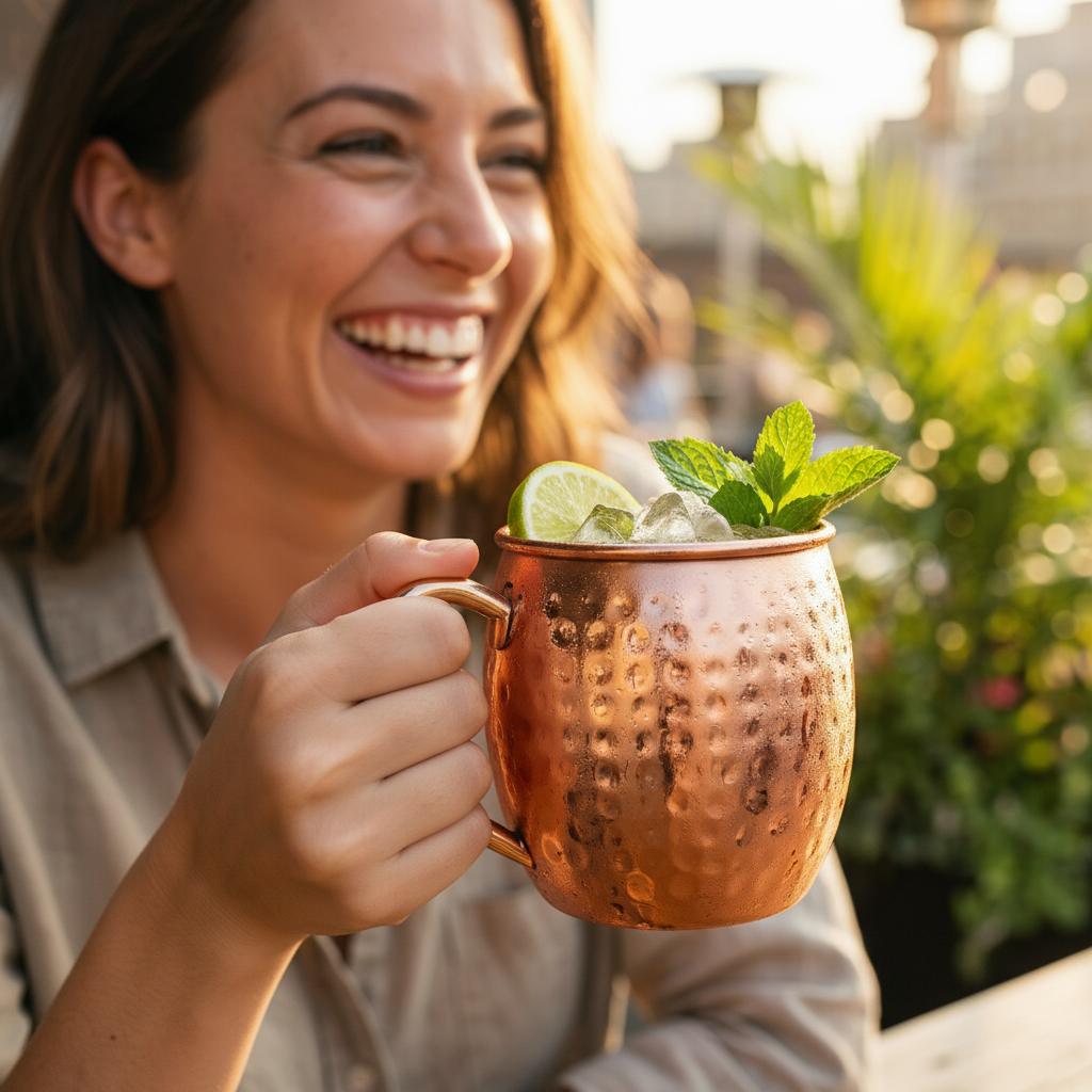 A photorealistic shot of the product in the provided reference image. A barrel-shaped mug with a smooth, rolled rim and a sturdy C-shaped handle. The mug is made of highly reflective, polished copper with a vibrant reddish-orange hue and features a consistent hammered texture composed of numerous small, irregularly shaped dimples covering its entire exterior surface. The interior is smooth, polished pure copper, mirroring the exterior's reflective quality. There is no visible branding or logo. Maintain exact logo, packaging, and shape details from reference. A hand holding the copper mug, filled with a Moscow Mule, condensation dripping, in a lively, upscale rooftop bar setting during golden hour, with blurred city lights in the background. The person is smiling and enjoying the drink.