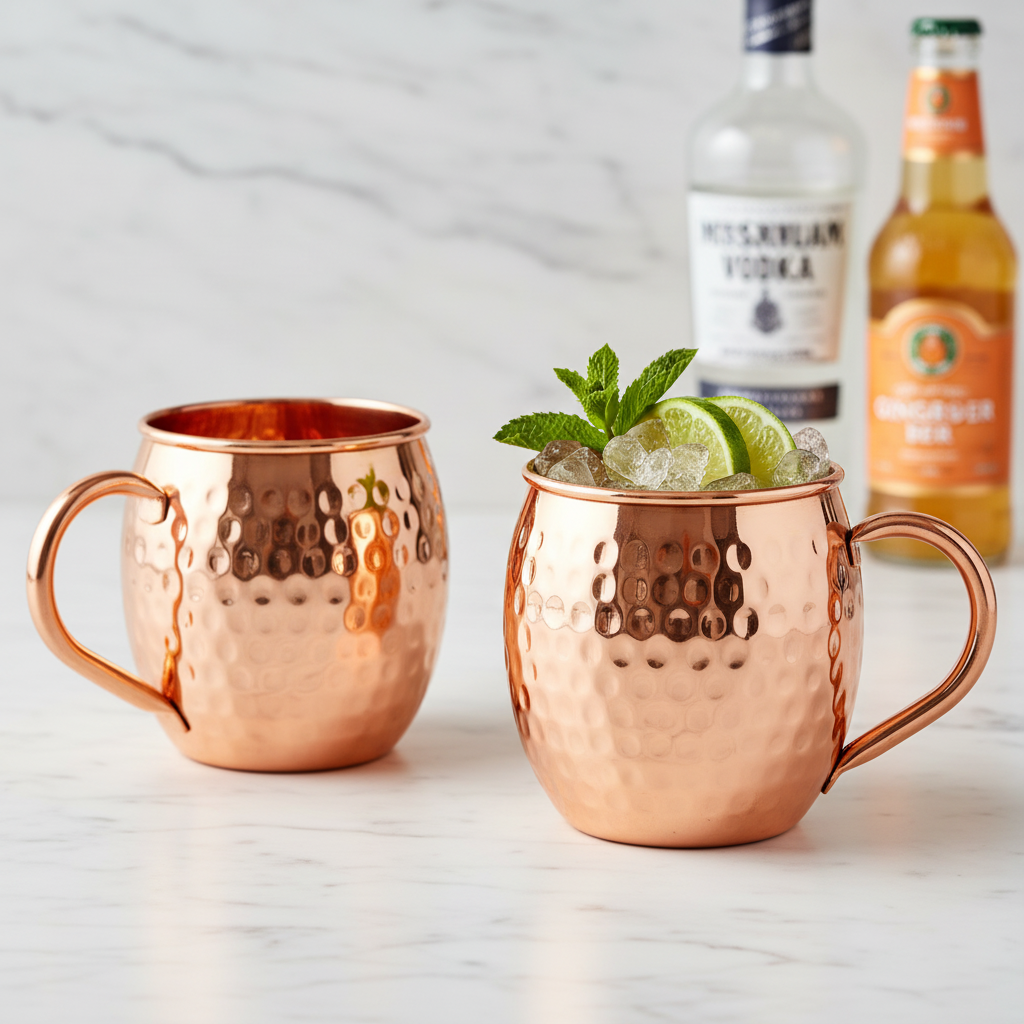 A photorealistic shot of the product in the provided reference image. A barrel-shaped mug with a smooth, rolled rim and a sturdy C-shaped handle. The mug is made of highly reflective, polished copper with a vibrant reddish-orange hue and features a consistent hammered texture composed of numerous small, irregularly shaped dimples covering its entire exterior surface. The interior is smooth, polished pure copper, mirroring the exterior's reflective quality. There is no visible branding or logo. Maintain exact logo, packaging, and shape details from reference. A still-life shot showcasing two pure copper Moscow Mule mugs side-by-side on a white marble countertop, one empty and gleaming, the other filled with ice, lime, and mint, a bottle of premium vodka and ginger beer blurred in the background, elegant and clean presentation.