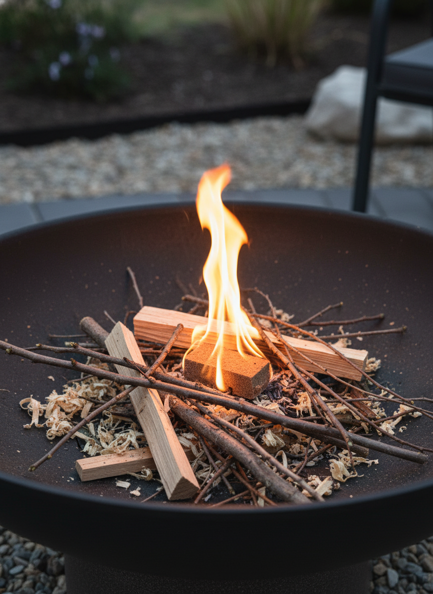A photorealistic shot of the product in the provided reference image. The product consists of natural fire starter cubes, presented in a rectangular, light brown cardboard retail box with a distinct texture. The branding 'MOSCOW MIX' is in small black sans-serif font, accompanied by an exclamation mark. The main product name 'CUBE FIRE STARTERS' is prominent, with 'CUBE' in large black font with a yellow-orange gradient shadow, and 'FIRE STARTERS' in solid red. A red bar below features 'INSTANT IGNITE + LASTING FLAME' in white sans-serif text. Additional details include '8-10 MINUTE BURN TIME' with a flame icon and '160 PIECES' displayed in a light beige oval with a thin black border. The box design incorporates stylized red, orange, and yellow flame graphics on the left and illustrations of brown fire starter cubes on the right. The individual fire starter cubes are small, rectangular prisms, approximately 2x2x1 cm when broken apart, made from a densely compressed, fibrous, light-to-medium brown/tan natural material, resembling wood fiber or coconut coir, with a slightly rough, textured surface where individual plant fibers are visible. These cubes are typically scored into larger blocks for easy separation. Maintain exact logo, packaging, and shape details from reference. A close-up shot of a single natural fire starter cube igniting a small pile of kindling in a clean, elegant outdoor fire pit, showing a steady, smoke-free flame. Professional photography, soft evening light.