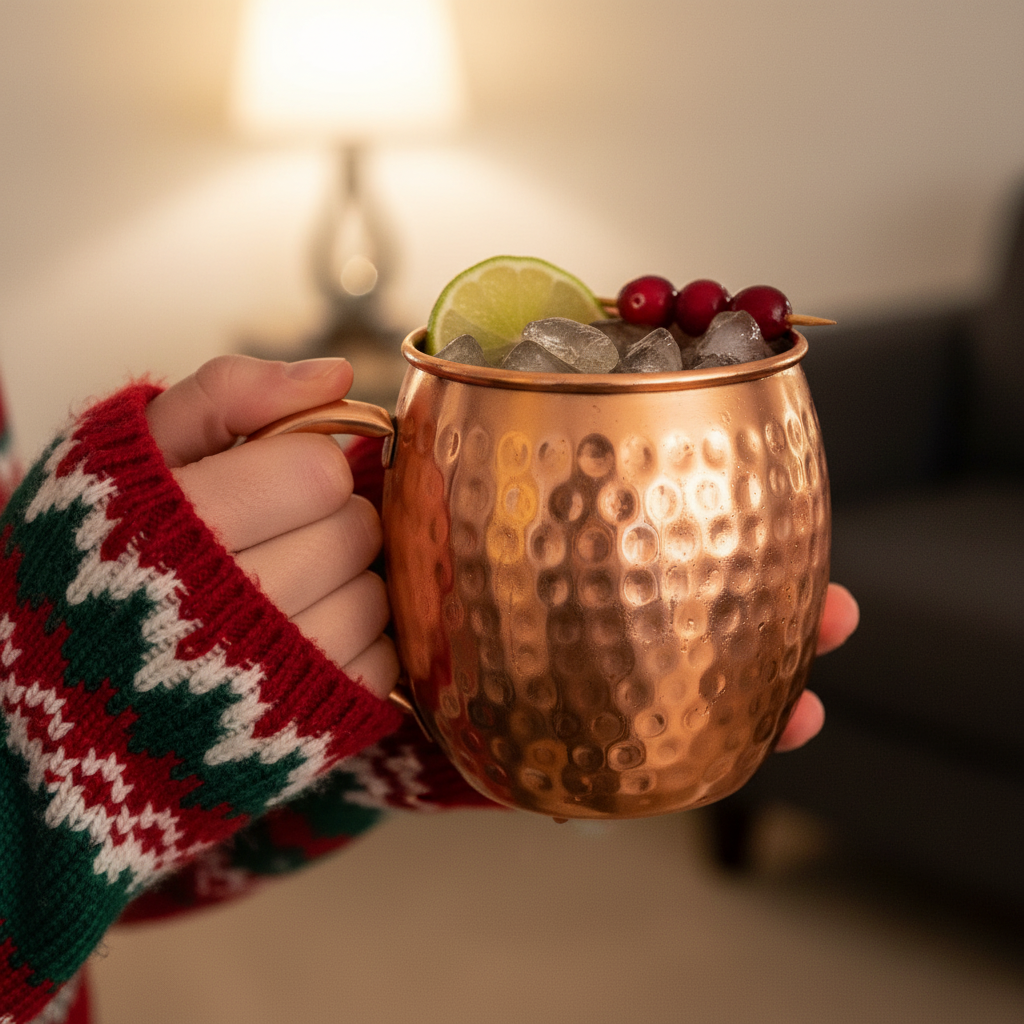 A photorealistic shot of the product in the provided reference image. A single, highly reflective, polished pure copper Moscow Mule mug with a pronounced barrel shape, wider at the center and tapering gently towards the top and bottom. The mug features a distinct, irregular hammered texture covering its entire body, reflecting light with varied highlights. The rim is smoothly rolled, and the base is flat. A sturdy, C-shaped handle, also in polished copper, is seamlessly attached to the mug's upper and middle sections. There is no visible branding or logo. Maintain exact shape and material details from reference. Close-up of hands holding a copper Moscow Mule mug with visible condensation, filled with an iced cocktail, garnished with lime and cranberries, holiday sweater sleeves visible, soft warm indoor lighting, cozy winter evening atmosphere, premium lifestyle photography, shallow depth of field