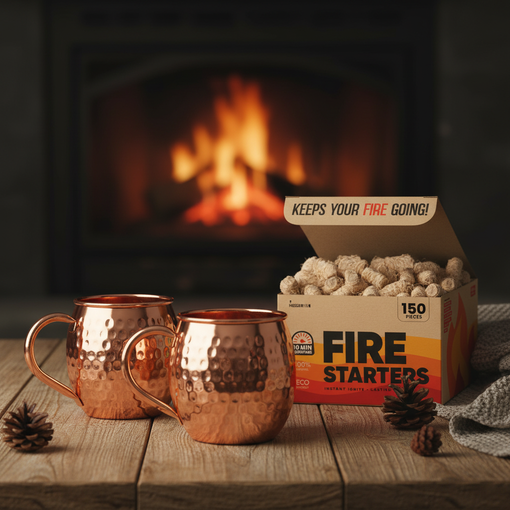 A photorealistic shot of a high-polish, bright rose-gold-toned pure copper Moscow Mule mug with a barrel-shaped body, uniformly hammered exterior (small, distinct, irregular dimples), a smooth rolled rim, and a classic C-shaped handle. Also present is an open-top retail box of 'MOSCOW MIX®' Fire Starters, made of unbleached light brown cardboard with orange/red flame graphics, '150 pcs XL SIZE', '10 MIN BURNTIME', '100% NATURAL', 'ECO FRIENDLY' badges, an internal lid flap banner 'KEEPS YOUR FIRE GOING!', and filled with densely packed light beige wood wool fire starters. Maintain exact logo, packaging, and shape details from reference. Moody winter lifestyle scene with handcrafted copper Moscow Mule mugs (foregrounded) on a rustic table near a glowing fireplace, soft warm lighting, cozy evening atmosphere, premium editorial photography, dark background, subtle winter textures