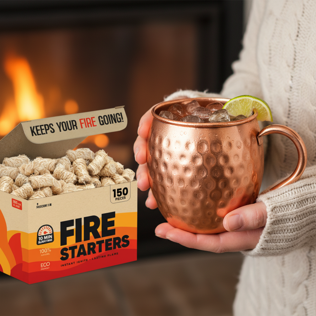A photorealistic shot of a high-polish, bright rose-gold-toned pure copper Moscow Mule mug with a barrel-shaped body, uniformly hammered exterior (small, distinct, irregular dimples), a smooth rolled rim, and a classic C-shaped handle. Also present is an open-top retail box of 'MOSCOW MIX®' Fire Starters, made of unbleached light brown cardboard with orange/red flame graphics, '150 pcs XL SIZE', '10 MIN BURNTIME', '100% NATURAL', 'ECO FRIENDLY' badges, an internal lid flap banner 'KEEPS YOUR FIRE GOING!', and filled with densely packed light beige wood wool fire starters. Maintain exact logo, packaging, and shape details from reference. Close-up of hands holding a copper Moscow Mule mug with visible condensation and ice, lime garnish, cozy knit sweater sleeves, warm indoor lighting, intimate winter lifestyle photography, shallow depth of field