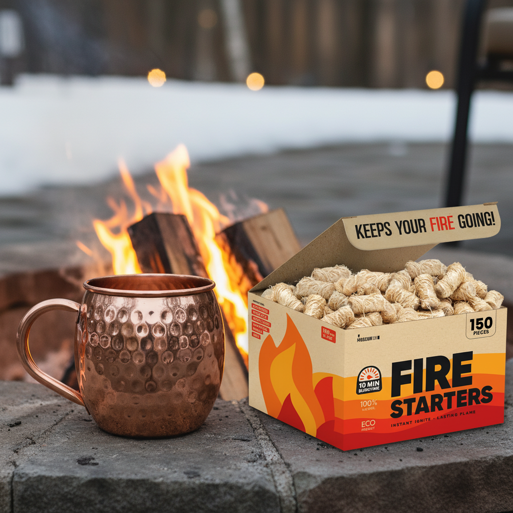 A photorealistic shot of a high-polish, bright rose-gold-toned pure copper Moscow Mule mug with a barrel-shaped body, uniformly hammered exterior (small, distinct, irregular dimples), a smooth rolled rim, and a classic C-shaped handle. Also present is an open-top retail box of 'MOSCOW MIX®' Fire Starters, made of unbleached light brown cardboard with orange/red flame graphics, '150 pcs XL SIZE', '10 MIN BURNTIME', '100% NATURAL', 'ECO FRIENDLY' badges, an internal lid flap banner 'KEEPS YOUR FIRE GOING!', and filled with densely packed light beige wood wool fire starters. Maintain exact logo, packaging, and shape details from reference. Close-up of a natural fire being lit using wood wool fire starters from the box in a fireplace or outdoor fire pit, gentle flames catching, wood textures visible, warm glow, cinematic lifestyle photography, cozy winter evening mood