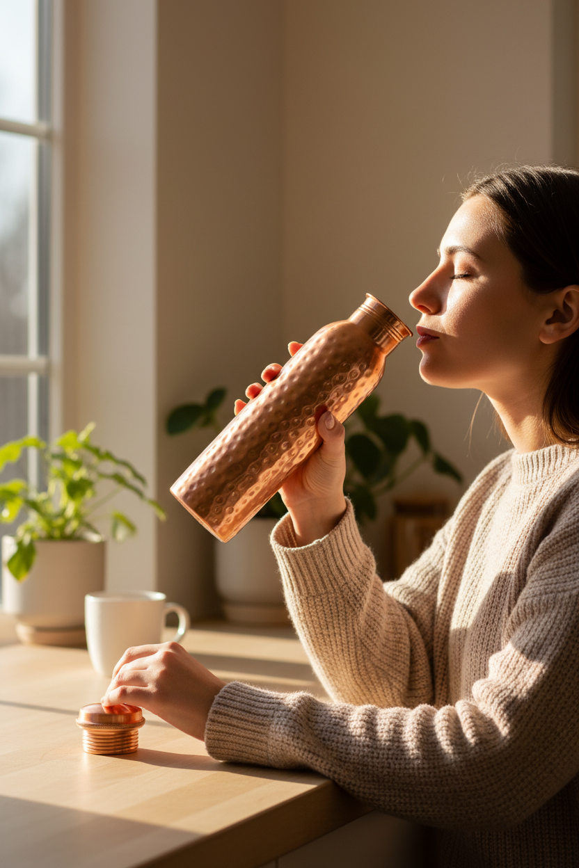 A photorealistic shot of the product in the provided reference image. A polished, pure copper water bottle with a subtle, irregular hammered texture covering the main cylindrical body. The bottle has a gently tapering form, slightly wider at the mid-section and narrowing towards the neck. The neck and screw-on lid are smooth, brightly polished copper, contrasting with the hammered texture. The lid features a slightly domed top and visible threading when detached. No visible branding or logos. Maintain exact logo, packaging, and shape details from reference. Person sitting at a kitchen counter or dining table in soft morning light, holding a copper water bottle while taking a sip (remove lid from bottle), neutral clothing, calm and relaxed posture, minimal interior setting, winter daylight, natural wellness lifestyle photography, candid and unposed feel.