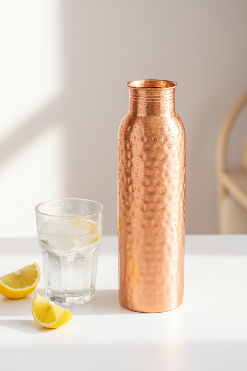 A photorealistic shot of the product in the provided reference image. A polished, pure copper water bottle with a subtle, irregular hammered texture covering the main cylindrical body. The bottle has a gently tapering form, slightly wider at the mid-section and narrowing towards the neck. The neck and screw-on lid are smooth, brightly polished copper, contrasting with the hammered texture. The lid features a slightly domed top and visible threading when detached. No visible branding or logos. Maintain exact logo, packaging, and shape details from reference. Close-up of a copper water bottle with condensation next to a glass, fresh lemon slices nearby, soft daylight streaming in, clean wellness aesthetic, minimal styling, premium editorial photography.