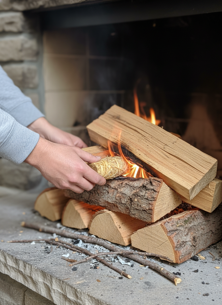 A photorealistic shot of the product in the provided reference image. The product consists of several natural wood wool fire starters. Each unit is a roughly cylindrical or barrel-shaped roll, approximately 2-3 inches long and 1-1.5 inches in diameter, exhibiting slight variations in form due to their natural, compressed material. They are composed entirely of fine, thin, ribbon-like wood shavings, resembling 'wood wool,' tightly bundled together. The color is a consistent light straw yellow to pale golden-brown, showcasing the natural tones of dried wood. The surface is highly textured, created by the myriad of overlapping wood strands, giving them a fibrous and somewhat friable appearance. There is no visible branding, logo, or retail packaging in the image. Maintain exact logo, packaging, and shape details from reference. Hands placing a natural fire starter under stacked firewood in a fireplace, small flames starting, warm light