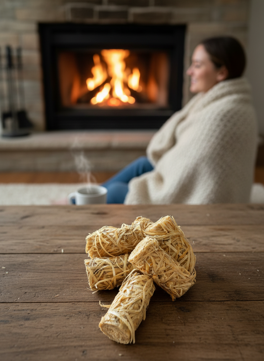 A photorealistic shot of the product in the provided reference image. The product consists of several natural wood wool fire starters. Each unit is a roughly cylindrical or barrel-shaped roll, approximately 2-3 inches long and 1-1.5 inches in diameter, exhibiting slight variations in form due to their natural, compressed material. They are composed entirely of fine, thin, ribbon-like wood shavings, resembling 'wood wool,' tightly bundled together. The color is a consistent light straw yellow to pale golden-brown, showcasing the natural tones of dried wood. The surface is highly textured, created by the myriad of overlapping wood strands, giving them a fibrous and somewhat friable appearance. There is no visible branding, logo, or retail packaging in the image. Maintain exact logo, packaging, and shape details from reference. Person sitting near a fireplace wrapped in a blanket, fire glowing in the background, relaxed winter evening at home