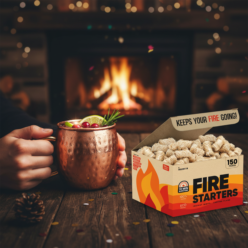 A photorealistic shot of the product in the provided reference image. The products include: 1. **Fire Starters**: Natural wood wool bundles, light beige/blonde, tightly wound into small, irregular cylindrical shapes (approx. 1-2 inches). They are packaged in an open, natural corrugated cardboard box with a matte finish. The box features a prominent red and orange flame graphic on the lower left. Branding includes 'MOSCOW MIX®' in white on a black rectangle, '150 PIECES', '10 MIN BURNTIME' within a dial icon, '100% NATURAL', 'ECO FRIENDLY', and 'FIRE STARTERS' in bold black sans-serif font. The inside flap prominently displays 'KEEPS YOUR FIRE GOING!' with 'KEEPS YOUR FIRE' in black and 'GOING!' in red inside a red outlined rectangle. A list 'PERFECT FOR: CAMPFIRES, FIREPLACE, PIZZA OVENS, CHARCOAL GRILLS, BBQ' is printed in white on a red background on the side. 2. **Copper Mug**: A classic Moscow Mule barrel-shaped mug made of highly polished pure copper with a warm, reflective rose-gold luster. It features a distinctive, evenly spaced, small hammered dimple texture across its entire exterior. It has a smoothly curved, C-shaped handle made from the same copper material, attached near the rim and mid-body. No visible branding on the mug itself. Maintain exact logo, packaging, and shape details from reference. Close-up of hands holding a chilled copper mug with a festive cocktail, condensation visible, moody lighting, celebratory New Year vibe.