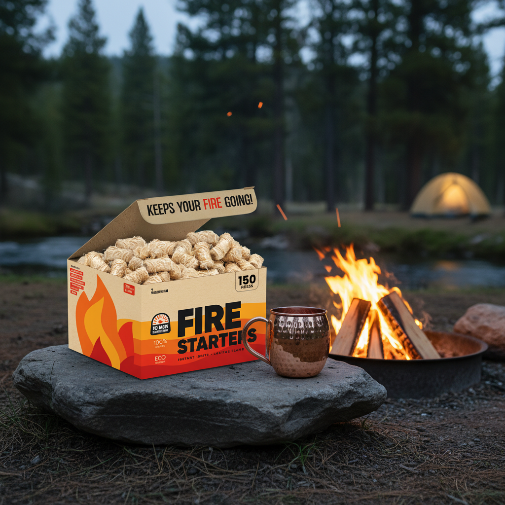 A photorealistic shot of the product in the provided reference image. The products include: 1. **Fire Starters**: Natural wood wool bundles, light beige/blonde, tightly wound into small, irregular cylindrical shapes (approx. 1-2 inches). They are packaged in an open, natural corrugated cardboard box with a matte finish. The box features a prominent red and orange flame graphic on the lower left. Branding includes 'MOSCOW MIX®' in white on a black rectangle, '150 PIECES', '10 MIN BURNTIME' within a dial icon, '100% NATURAL', 'ECO FRIENDLY', and 'FIRE STARTERS' in bold black sans-serif font. The inside flap prominently displays 'KEEPS YOUR FIRE GOING!' with 'KEEPS YOUR FIRE' in black and 'GOING!' in red inside a red outlined rectangle. A list 'PERFECT FOR: CAMPFIRES, FIREPLACE, PIZZA OVENS, CHARCOAL GRILLS, BBQ' is printed in white on a red background on the side. 2. **Copper Mug**: A classic Moscow Mule barrel-shaped mug made of highly polished pure copper with a warm, reflective rose-gold luster. It features a distinctive, evenly spaced, small hammered dimple texture across its entire exterior. It has a smoothly curved, C-shaped handle made from the same copper material, attached near the rim and mid-body. No visible branding on the mug itself. Maintain exact logo, packaging, and shape details from reference. Outdoor evening scene with a small fire pit or campfire, natural fire starter igniting stacked wood, warm flames, peaceful outdoor setting.