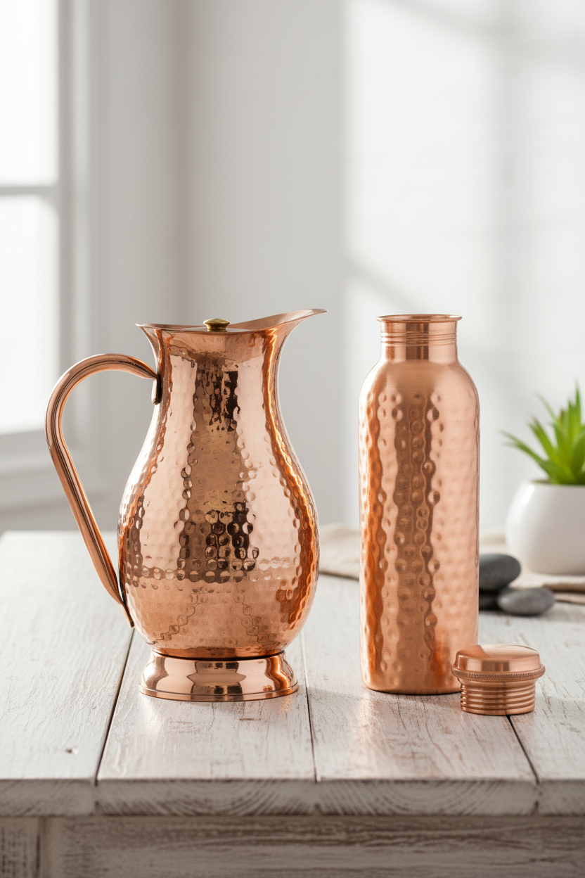A photorealistic shot of the product in the provided reference image. The products are crafted from pure, polished copper, exhibiting a vibrant, warm coppery hue with high reflectivity. Both the jug and bottle feature a distinct, all-over hammered texture; the jug's dimples are slightly larger and more organic, while the bottle's are finer and more uniform. The jug has a graceful, rounded body tapering to a fluted spout, with a substantial C-shaped hammered handle and a separate, unhammered pedestal base, topped with a small, brass-knobbed lid. The bottle is a sleek, cylindrical design with a threaded neck and a matching hammered screw-top cap. No visible branding, logos, or packaging. Maintain exact logo, packaging, and shape details from reference. Copper water jug on a wooden table, natural light, simple wellness setting.