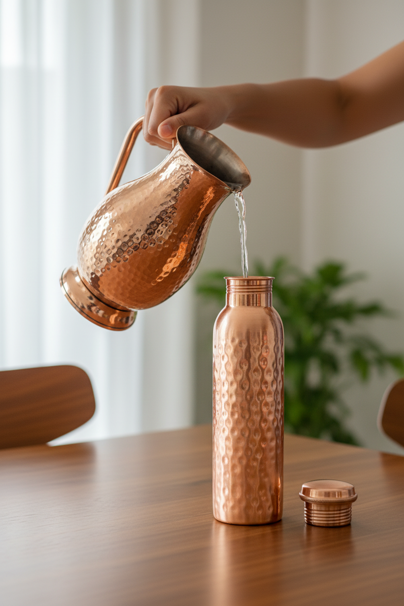 A photorealistic shot of the product in the provided reference image. The products are crafted from pure, polished copper, exhibiting a vibrant, warm coppery hue with high reflectivity. Both the jug and bottle feature a distinct, all-over hammered texture; the jug's dimples are slightly larger and more organic, while the bottle's are finer and more uniform. The jug has a graceful, rounded body tapering to a fluted spout, with a substantial C-shaped hammered handle and a separate, unhammered pedestal base, topped with a small, brass-knobbed lid. The bottle is a sleek, cylindrical design with a threaded neck and a matching hammered screw-top cap. No visible branding, logos, or packaging. Maintain exact logo, packaging, and shape details from reference. Person pouring water into a copper water bottle in a quiet home setting, relaxed and intentional moment.