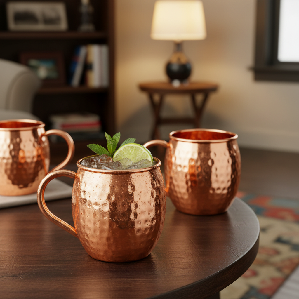 A photorealistic shot of the product in the provided reference image. This is a pure copper Moscow Mule mug with a distinct barrel shape, wider in the middle and tapering slightly towards the top and bottom. It features a smoothly rolled and slightly flared rim. The exterior is adorned with a deeply hammered finish, showcasing irregular, reflective dimples across its surface. The mug has a substantial, C-shaped handle, made of the same bright, polished copper, securely attached near the rim and mid-body. The overall finish is a gleaming, bright orange-copper, highly reflective, with no visible patina. Maintain exact logo, packaging, and shape details from reference. Copper Moscow Mule mugs on a table with a finished cocktail, lime garnish, warm ambient lighting, casual but stylish home setting.