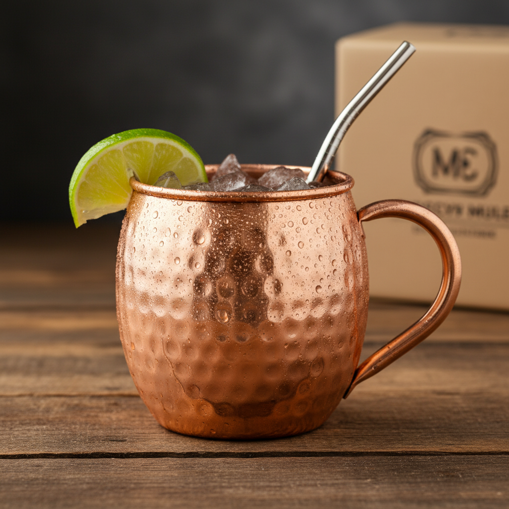 A photorealistic shot of the product in the provided reference image. This is a pure copper Moscow Mule mug with a distinct barrel shape, wider in the middle and tapering slightly towards the top and bottom. It features a smoothly rolled and slightly flared rim. The exterior is adorned with a deeply hammered finish, showcasing irregular, reflective dimples across its surface. The mug has a substantial, C-shaped handle, made of the same bright, polished copper, securely attached near the rim and mid-body. The overall finish is a gleaming, bright orange-copper, highly reflective, with no visible patina. Maintain exact logo, packaging, and shape details from reference. Close-up of a copper Moscow Mule mug with condensation and lime garnish on a wooden surface.