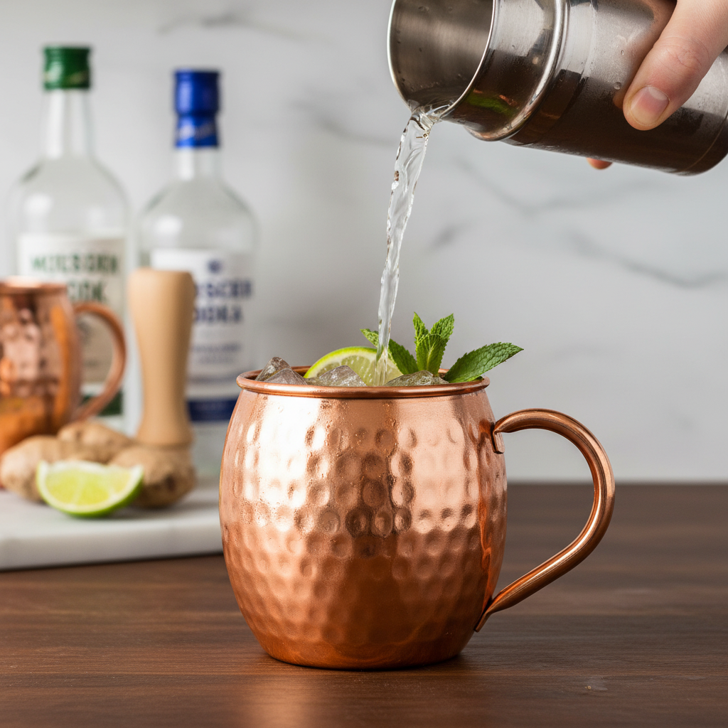 A photorealistic shot of the product in the provided reference image. This is a pure copper Moscow Mule mug with a distinct barrel shape, wider in the middle and tapering slightly towards the top and bottom. It features a smoothly rolled and slightly flared rim. The exterior is adorned with a deeply hammered finish, showcasing irregular, reflective dimples across its surface. The mug has a substantial, C-shaped handle, made of the same bright, polished copper, securely attached near the rim and mid-body. The overall finish is a gleaming, bright orange-copper, highly reflective, with no visible patina. Maintain exact logo, packaging, and shape details from reference. Moscow Mule cocktail being poured into a copper mug, ice visible, relaxed home bar or kitchen setting.