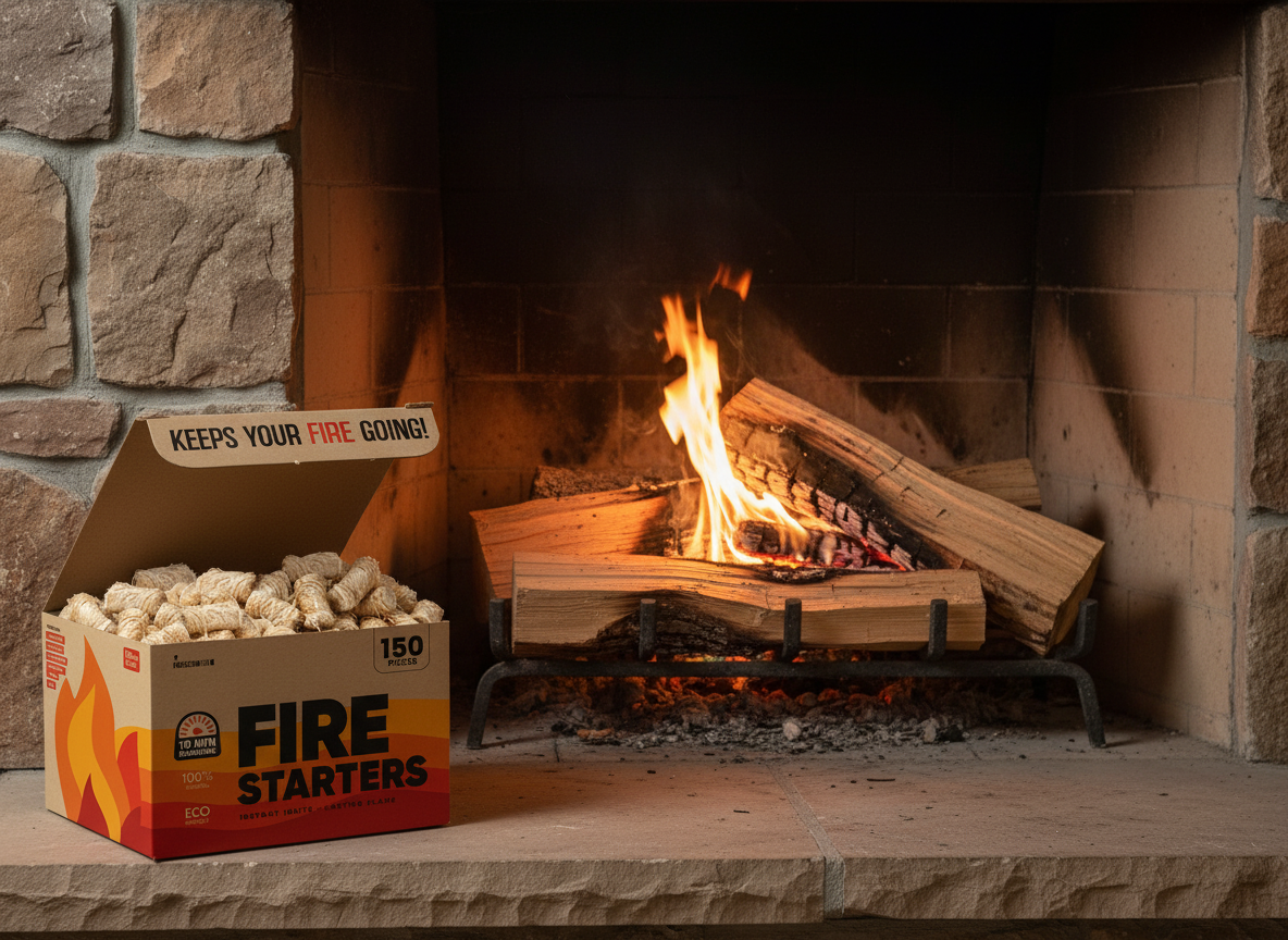 A photorealistic shot of the product in the provided reference image. The core product is a natural wood wool fire starter, an individual rectangular block approximately 1.5-2 inches long and 0.75-1 inch wide/tall, composed of tightly compressed, light blonde to yellowish, curled wood strands with visible individual wood fibers. It is typically supplied in an open, light brown, corrugated cardboard retail box. This box features a prominent stylized flame graphic in red-orange-yellow gradient, the text 'FIRE STARTERS' (black/gradient sans-serif), 'INSTANT IGNITE + LASTING FLAME' (white outlined), and details like '150 PIECES' (black bold), '150 pcs XL SIZE' (white outlined on red), the 'MOSCOW:::MIX®' logo (black), '10 MIN BURNTIME' icon, '100% NATURAL', 'ECO FRIENDLY', and a 'PERFECT FOR:' list. The inner flap reads 'KEEPS YOUR FIRE GOING!' (bold red). Maintain exact logo, packaging, and shape details from reference. Close-up of a fireplace with stacked firewood and kindling, where one of the natural wood wool fire starters is clearly visible nestled among the wood, with a small flame just beginning to ignite it, emitting a warm glow in a cozy indoor setting.