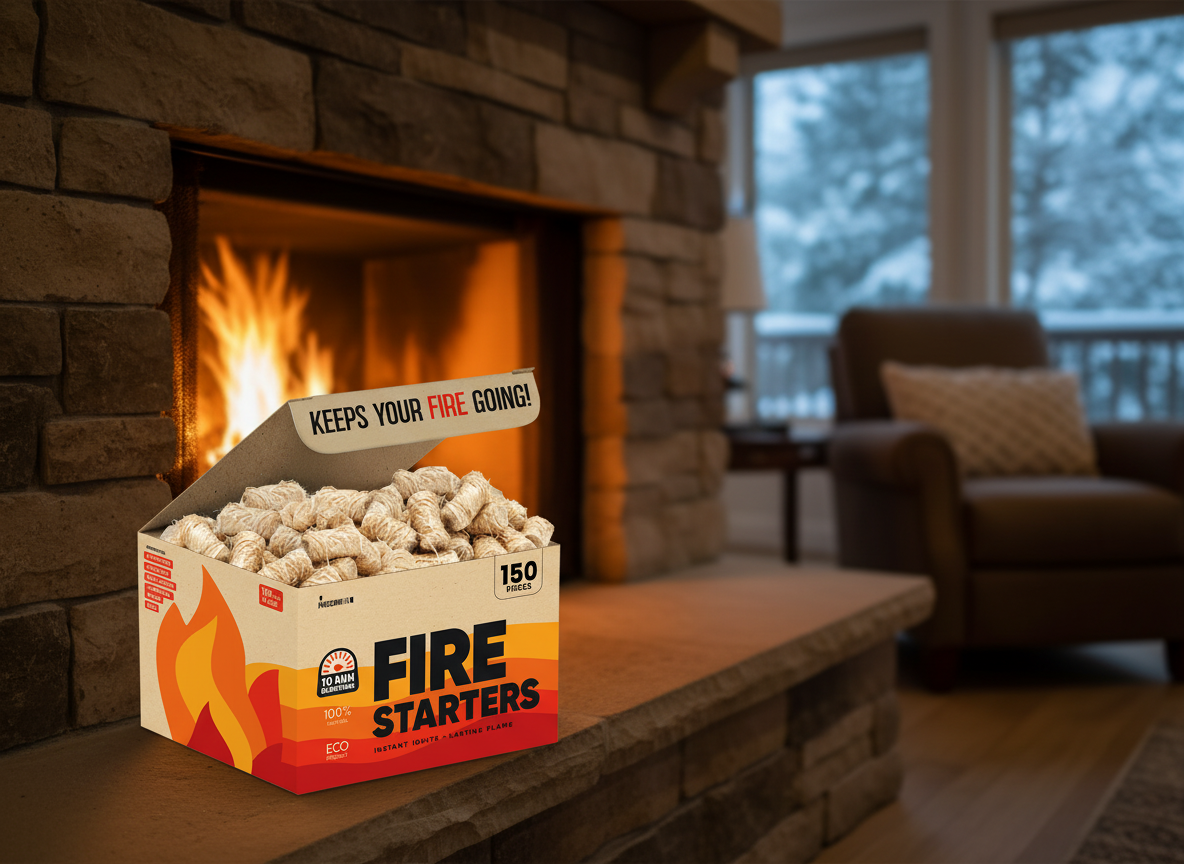 A photorealistic shot of the product in the provided reference image. The core product is a natural wood wool fire starter, an individual rectangular block approximately 1.5-2 inches long and 0.75-1 inch wide/tall, composed of tightly compressed, light blonde to yellowish, curled wood strands with visible individual wood fibers. It is typically supplied in an open, light brown, corrugated cardboard retail box. This box features a prominent stylized flame graphic in red-orange-yellow gradient, the text 'FIRE STARTERS' (black/gradient sans-serif), 'INSTANT IGNITE + LASTING FLAME' (white outlined), and details like '150 PIECES' (black bold), '150 pcs XL SIZE' (white outlined on red), the 'MOSCOW:::MIX®' logo (black), '10 MIN BURNTIME' icon, '100% NATURAL', 'ECO FRIENDLY', and a 'PERFECT FOR:' list. The inner flap reads 'KEEPS YOUR FIRE GOING!' (bold red). Maintain exact logo, packaging, and shape details from reference. Living room scene with a steady fire burning beautifully in the fireplace, soft ambient lighting, capturing a calm winter evening at home, with the open retail box of fire starters displayed neatly on a nearby hearth or mantelpiece.