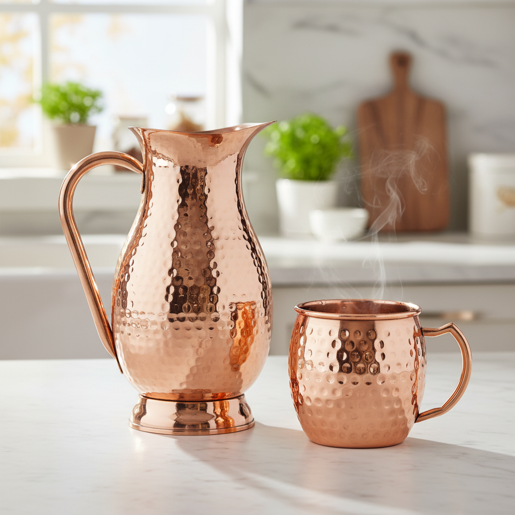 A photorealistic shot of a handcrafted, pure copper pitcher featuring a high-polish, reflective coppery-gold finish. The bulbous body exhibits extensive hand-hammering with a dense, consistent pattern of small, circular dimples, while the smooth, C-shaped handle, flared pouring lip, and distinct pedestal base are unhammered. No visible branding or logos are present on the product itself or its packaging. Maintain exact logo, packaging, and shape details from reference. The copper water jug sits elegantly on a clean, light-colored kitchen counter (perhaps marble or light wood), bathed in soft, natural morning light from a nearby window, creating gentle reflections and a serene, fresh atmosphere.