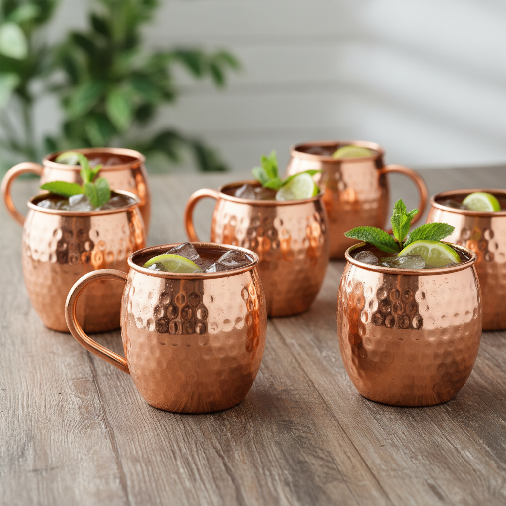 A photorealistic shot of a handcrafted, pure copper Moscow Mule style mug featuring a high-polish, reflective coppery-gold finish. The classic barrel-shaped body, both exterior and interior, exhibits uniform hand-hammering with a consistent pattern of small, circular dimples, while the smooth, C-shaped copper handle is unhammered. No visible branding or logos are present on the product itself or its packaging. Maintain exact logo, packaging, and shape details from reference. Multiple hammered copper mugs, each with a cold, condensation-beaded drink, are arranged casually on a rustic wooden table in a relaxed home setting. Bright, diffused daytime lighting creates a comfortable and inviting atmosphere, possibly with soft shadows and a hint of greenery in the background.