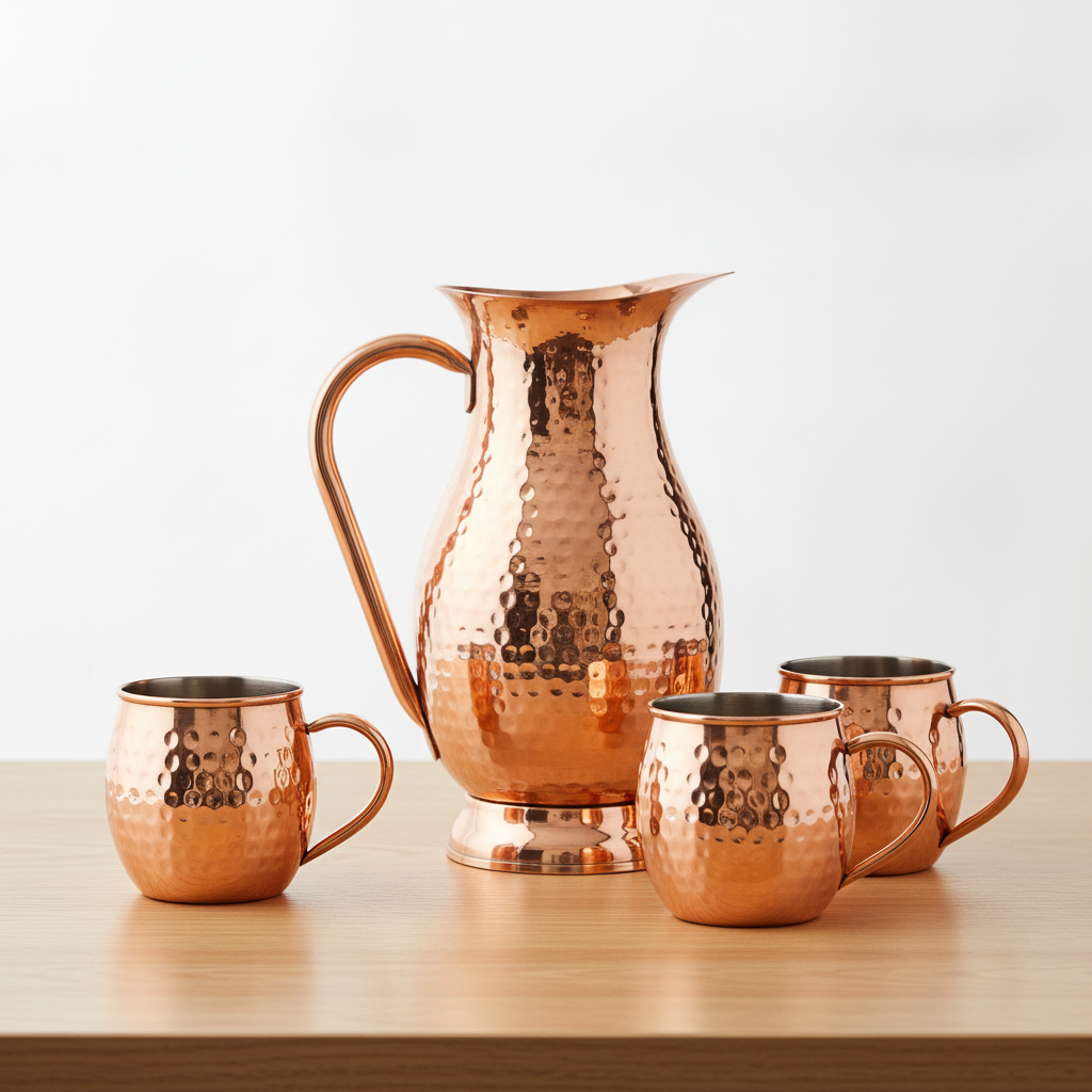 A photorealistic shot of the product in the provided reference image. A highly polished, vibrant reddish-orange copper vessel, showcasing a dense pattern of small, irregular, shallow hammered dimples across its entire surface. Each vessel features a broad, flat, C-shaped handle seamlessly integrated into its body. Specifically, a pure copper jug with a bulbous body, flared rim, integrated pouring spout, and a circular pedestal base, alongside smaller, similarly hammered copper glasses, on a minimalist wooden table, creating a simple and elegant hosting setup, soft natural light. Maintain exact logo, packaging, and shape details from reference.