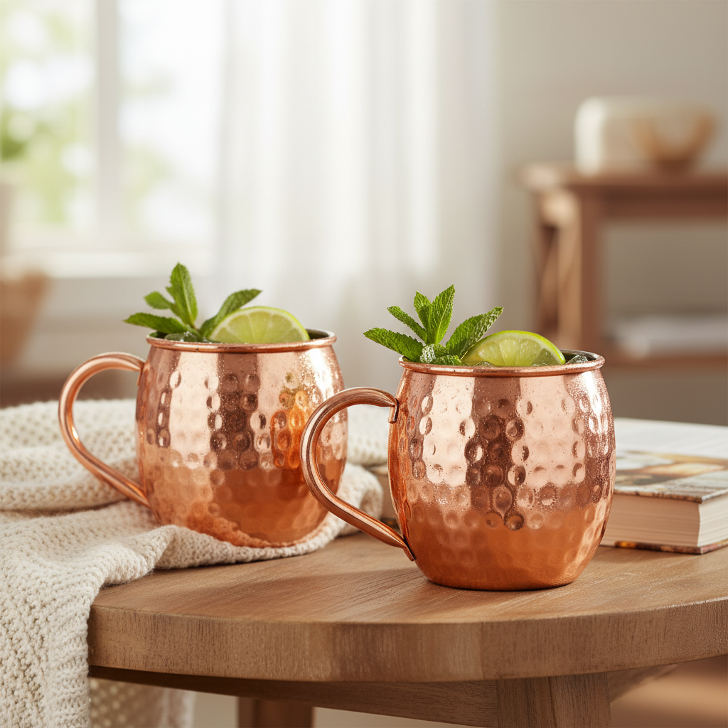 A photorealistic shot of the product in the provided reference image. A highly polished, vibrant reddish-orange copper vessel, showcasing a dense pattern of small, irregular, shallow hammered dimples across its entire surface. Each vessel features a broad, flat, C-shaped handle seamlessly integrated into its body. Specifically, a pair of copper mugs with barrel-shaped bodies and rolled rims, filled with refreshing drinks, placed on a side table in a casual home setting, with cozy textures like a knitted throw or a book nearby, evoking a relaxed and welcoming mood, ambient natural light. Maintain exact logo, packaging, and shape details from reference.