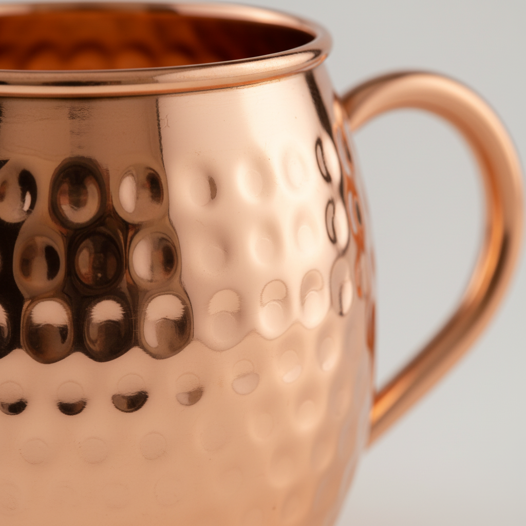 A photorealistic shot of the product in the provided reference image. A collection of pure copper drinkware and natural wood wool fire starters. The copper drinkware consists of a pitcher, a water bottle, and a mug. The pitcher is bulbous with a flared spout and a C-shaped handle, entirely hand-hammered with irregular, medium-sized dimples and a highly polished, lustrous rose-gold finish. The water bottle is cylindrical with a threaded neck and matching ridged cap, featuring a brushed, satin copper finish. The mug is barrel-shaped with a slender C-shaped handle, also entirely hand-hammered with irregular, medium-sized dimples and a highly polished, lustrous rose-gold finish. The natural fire starters are cylindrical/rectangular briquettes, approximately 2-3 inches long, made of tightly compressed, light blonde/straw-colored natural wood wool strands bound with a wax-like substance, exhibiting a dry, fibrous texture. There is no visible branding, logos, or retail packaging on any product. Maintain exact logo, packaging, and shape details from reference. Close-up detailed shot of the hammered texture of a pure copper mug or pitcher, focusing on the irregular, medium-sized dimples. Natural light subtly catches the raised surfaces, highlighting the craftsmanship and the lustrous rose-gold metallic quality of the copper. The depth of field is shallow, emphasizing the texture. Highly detailed, cinematic, photorealistic.