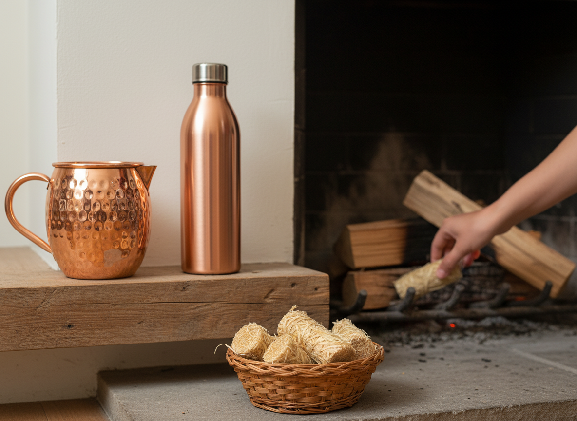 A photorealistic shot of the product in the provided reference image. A collection of pure copper drinkware and natural wood wool fire starters. The copper drinkware consists of a pitcher, a water bottle, and a mug. The pitcher is bulbous with a flared spout and a C-shaped handle, entirely hand-hammered with irregular, medium-sized dimples and a highly polished, lustrous rose-gold finish. The water bottle is cylindrical with a threaded neck and matching ridged cap, featuring a brushed, satin copper finish. The mug is barrel-shaped with a slender C-shaped handle, also entirely hand-hammered with irregular, medium-sized dimples and a highly polished, lustrous rose-gold finish. The natural fire starters are cylindrical/rectangular briquettes, approximately 2-3 inches long, made of tightly compressed, light blonde/straw-colored natural wood wool strands bound with a wax-like substance, exhibiting a dry, fibrous texture. There is no visible branding, logos, or retail packaging on any product. Maintain exact logo, packaging, and shape details from reference. A simple, understated home scene focusing on a fireplace opening. A hand is gently placing a natural wood wool fire starter briquette among kindling and logs in the fireplace, just before lighting. There are no dramatic flames, only the suggestion of preparation. The focus is on the practical application and material simplicity of the fire starter, with warm, soft ambient lighting. Highly detailed, cinematic, photorealistic.