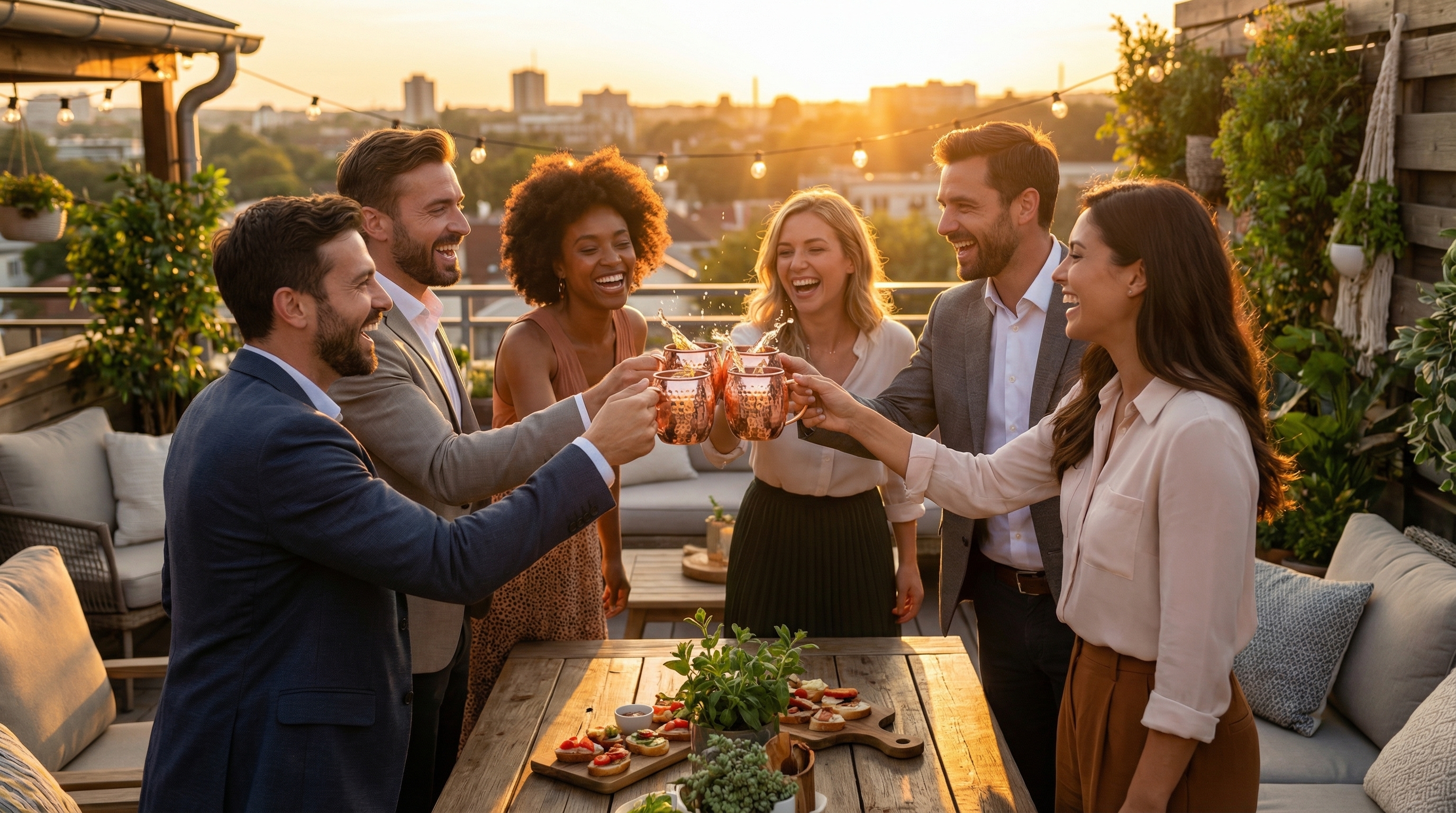 A happy, diverse group of friends in their early 30s, laughing genuinely on a stylish outdoor patio during a golden hour sunset. They are toasting with brand-new, highly polished hammered copper Moscow Mule mugs with slender C-shaped pure copper handles, barrel-shaped bodies, and a polished rose-gold copper finish. The scene feels candid and full of life. Photorealistic, authentic lifestyle photography, 8k.
