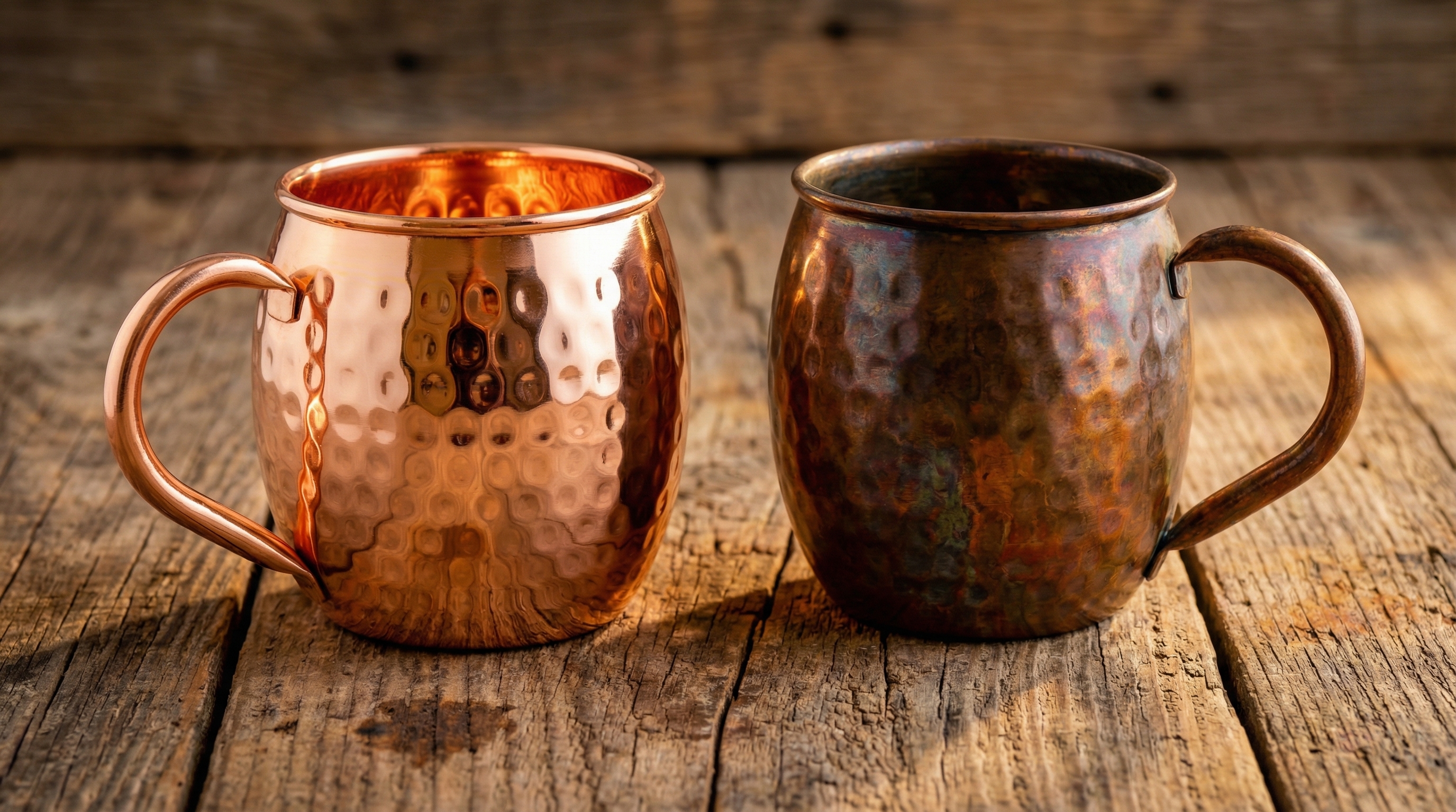 An artistic close-up shot showcasing two hammered copper mugs side-by-side on a rustic, reclaimed wood surface. One mug is brand new, with a highly polished hammered copper Moscow Mule mug with a slender, curved C-shaped pure copper handle, barrel-shaped body with small hammered dents, vibrant rose-gold copper finish, reflecting the light sharply. The other mug is beautifully aged, displaying a rich patina of deep umber, subtle blues, and warm oranges. Soft, directional lighting emphasizes the unique textures of both mugs. Macro details, product photography, 8k.