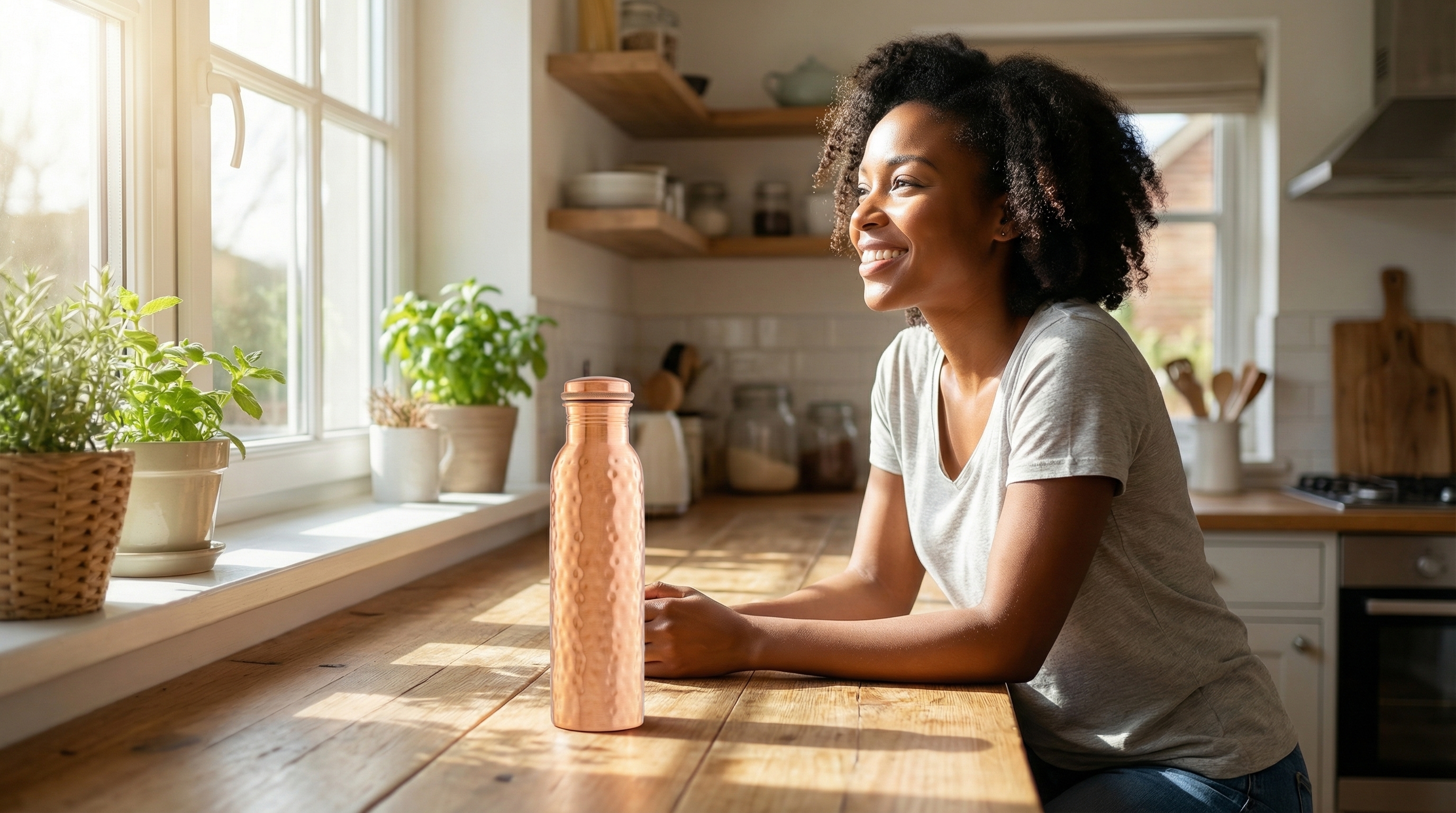 A happy African American woman in her early 30s with a genuine, relaxed smile, pausing to look out her sunlit kitchen window. Next to her on a rustic wooden counter sits a hammered pure copper water bottle with a screw-on cap, its surface catching the morning light beautifully. The atmosphere is fresh, airy, and optimistic, capturing an authentic moment of daily contentment. Photorealistic, candid lifestyle photography, warm tones, 8k.