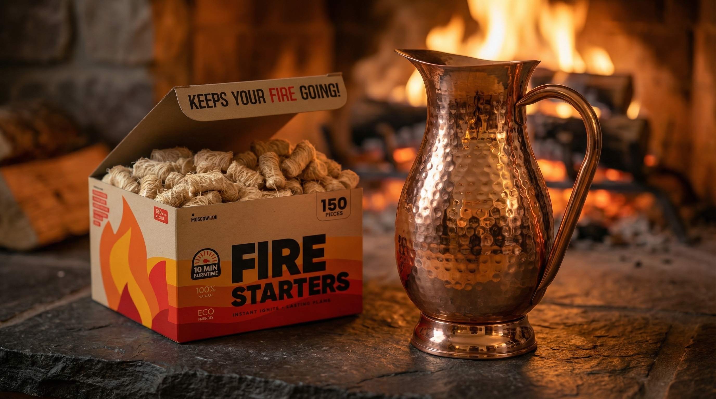 An inviting evening scene focused on a highly polished hammered copper mug with a classic curved copper handle, catching the warm, flickering light from a nearby fireplace. Next to the mug on a dark slate hearth is an open box of natural wood wool fire starters. The mood is incredibly cozy, peaceful, and warm, suggesting a perfect end to the day. Shallow depth of field, rich tones, photorealistic, 8k.