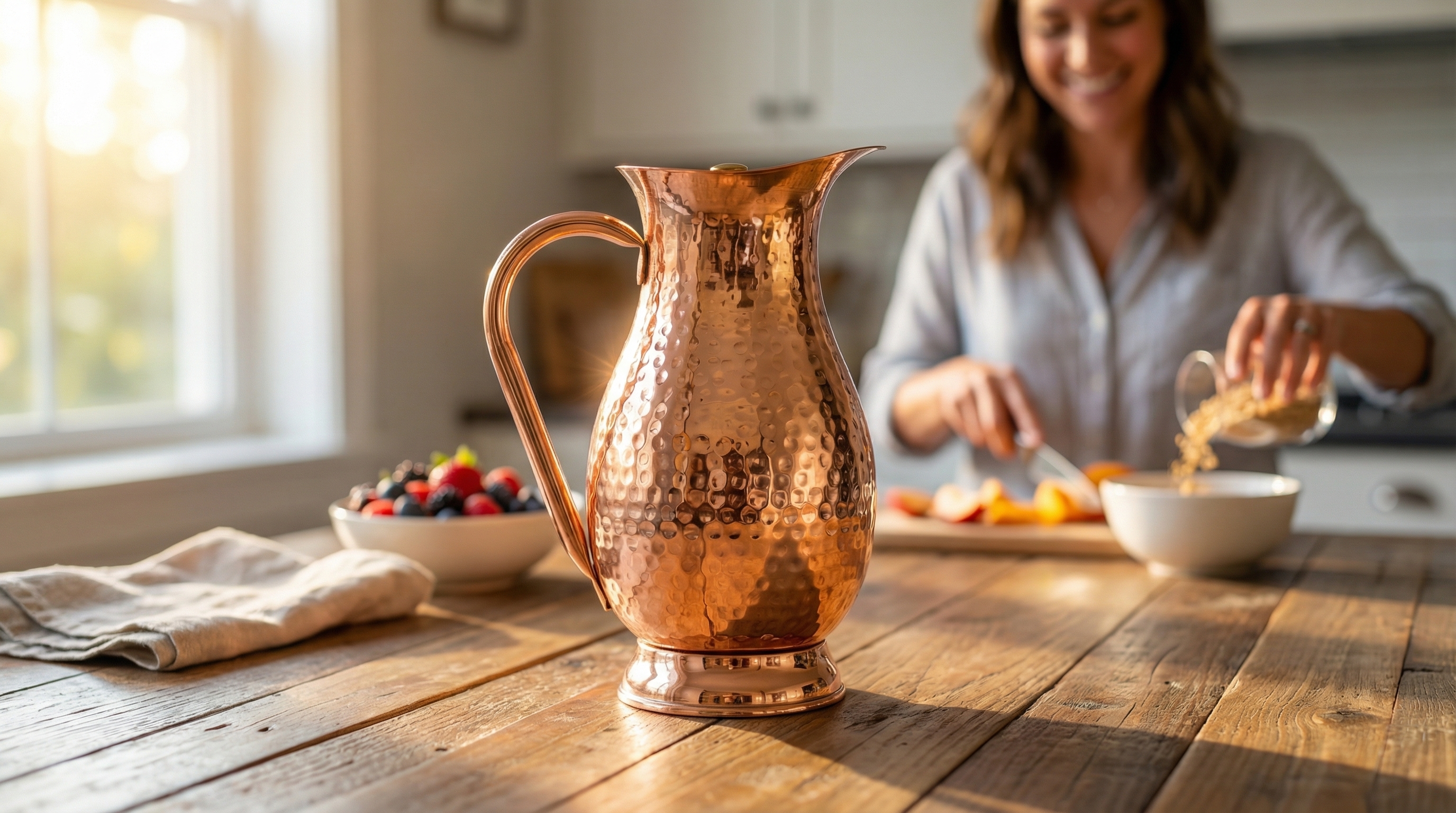 A beautifully crafted hammered copper water pitcher with a large flowing C-shaped copper handle and polished rose-gold finish sits on a rustic wooden dining table, catching the golden morning light. In the soft-focus background, a happy, smiling woman is preparing a healthy breakfast, embodying a moment of peaceful domestic bliss. The focus is on the pitcher's exquisite craftsmanship. Photorealistic, candid lifestyle photography, shallow depth of field, 8k.