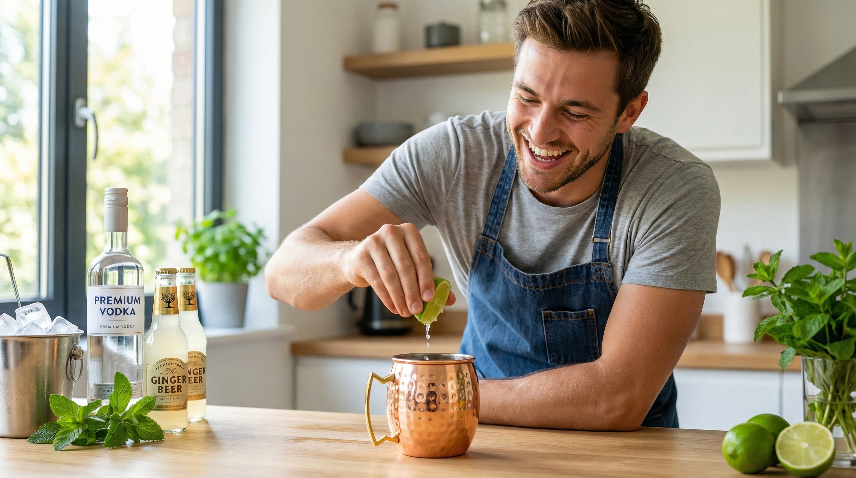 A happy, casually dressed man in his late 20s, with a genuine smile, squeezes a fresh lime wedge into a highly polished, barrel-shaped hammered copper mug with a contrasting angular polished brass handle. Other ingredients like ginger beer and vodka are visible on the kitchen counter behind him. The setting is a bright, modern home kitchen with natural light, capturing an authentic moment of cocktail preparation, candid lifestyle photography, 8k.