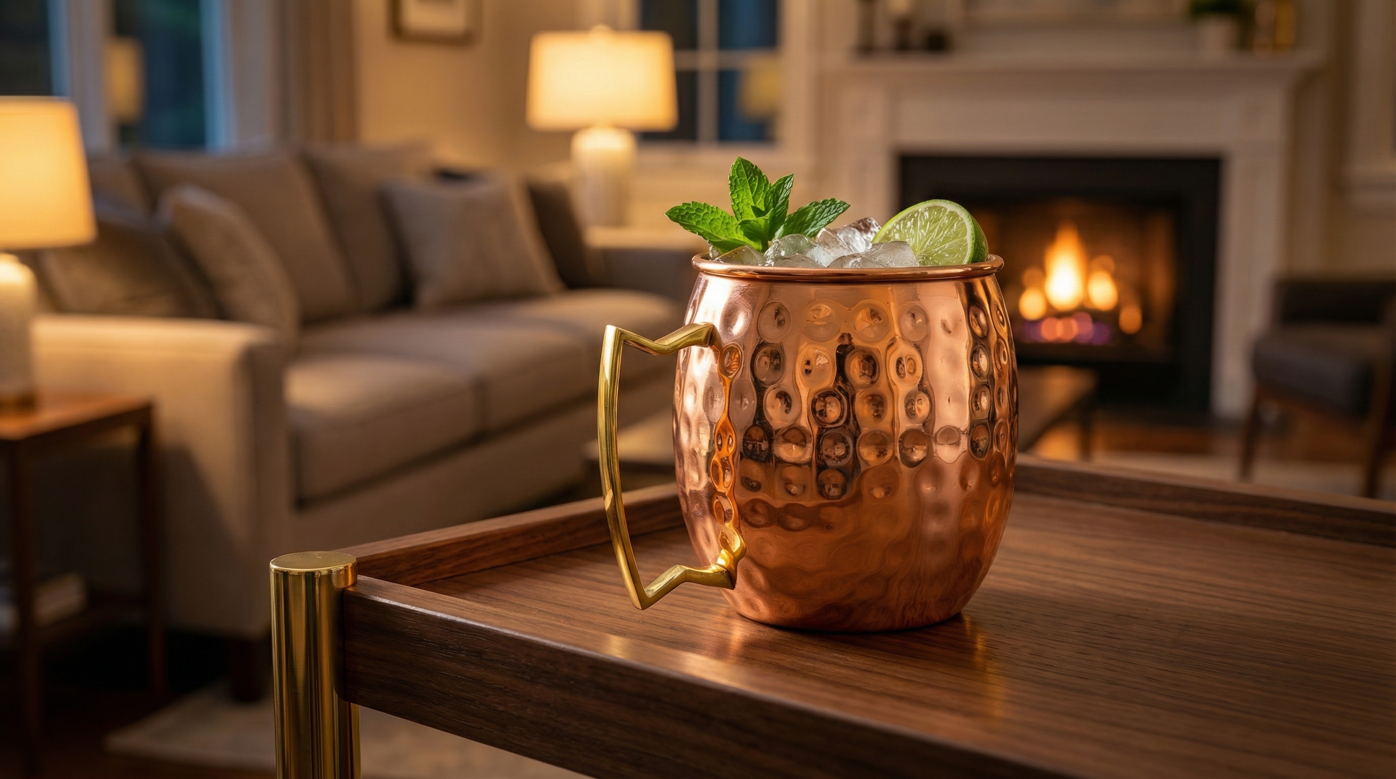 A highly polished, barrel-shaped hammered copper mug with a contrasting angular polished brass handle, filled with a Moscow Mule and garnished with a lime wedge and mint, sits on a stylish walnut wood bar cart. In the background, a cozy, well-appointed living room is softly out of focus, suggesting a relaxed evening at home. The scene is warm and inviting, luxury lifestyle photography, photorealistic, 8k.